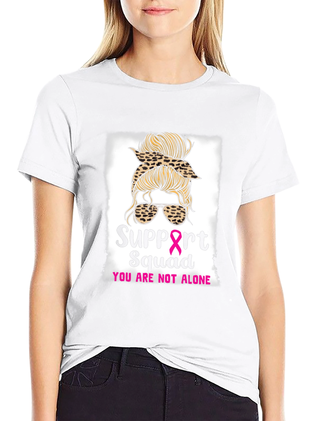 Black Support Squad Messy Bun Breast Cancer Awareness T-Shirt view 9