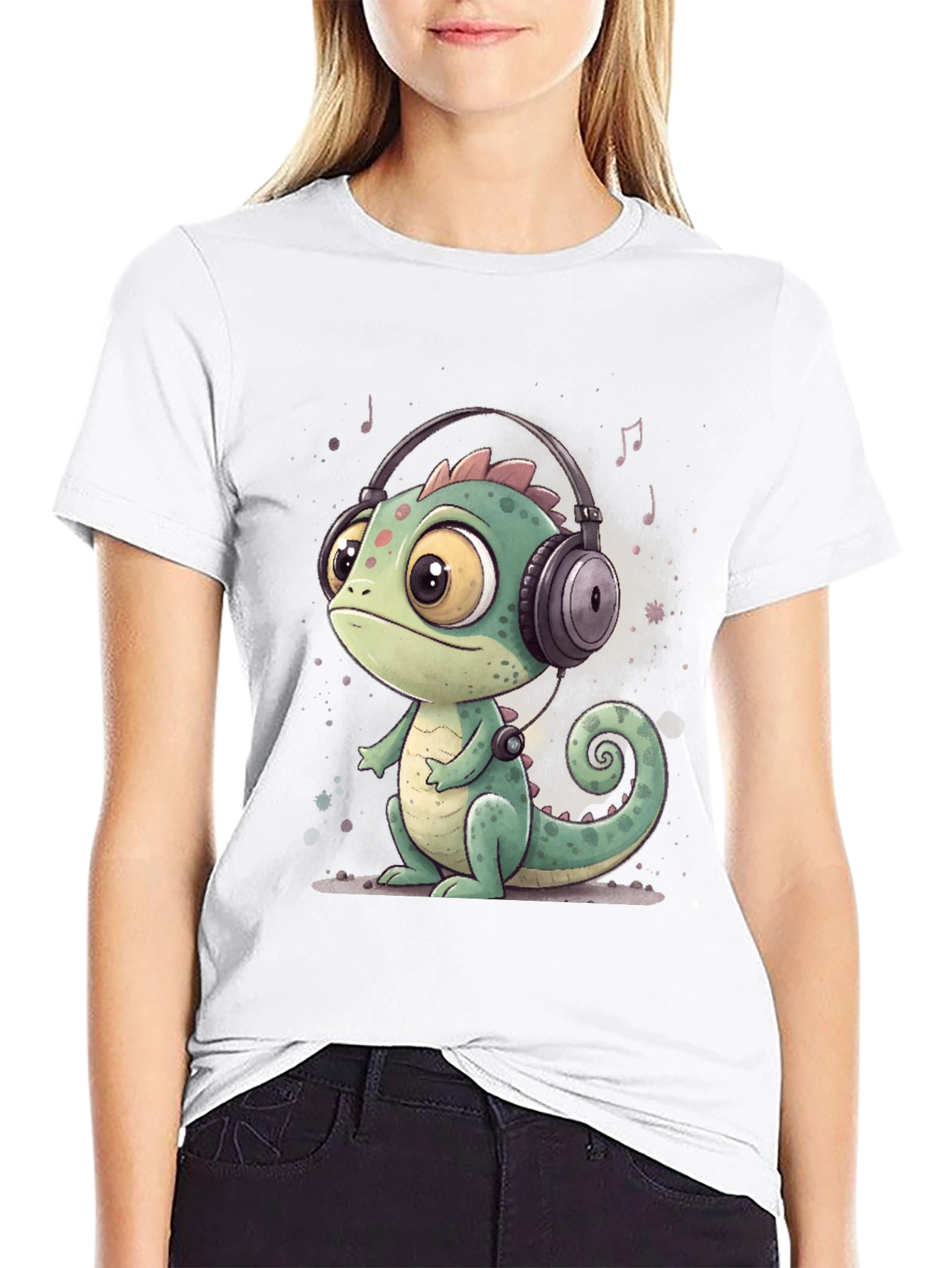 Black Cartoon Chameleon T-Shirt with Headphones view 9