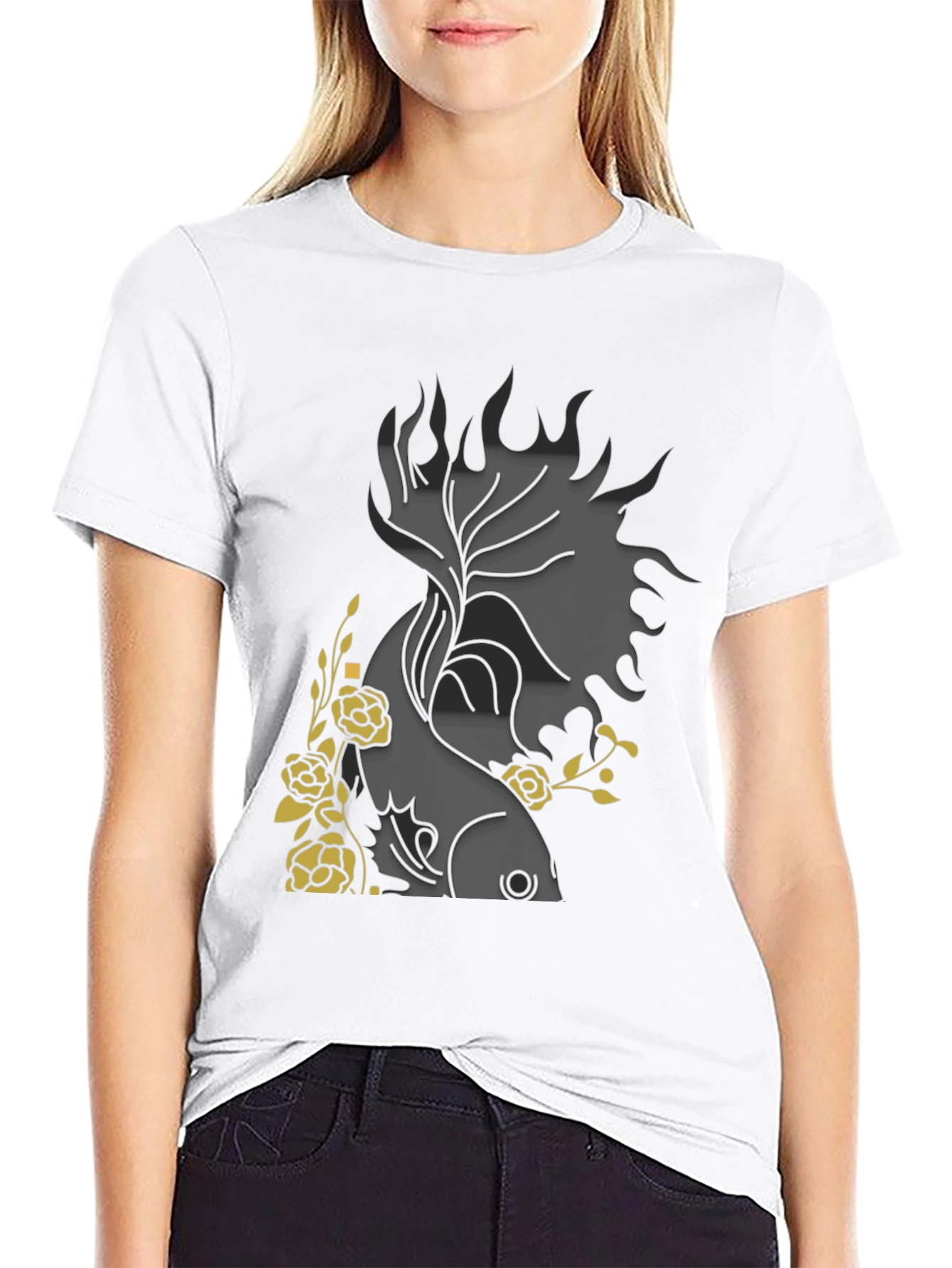 Black Floral Fish Graphic Black T-Shirt view 9