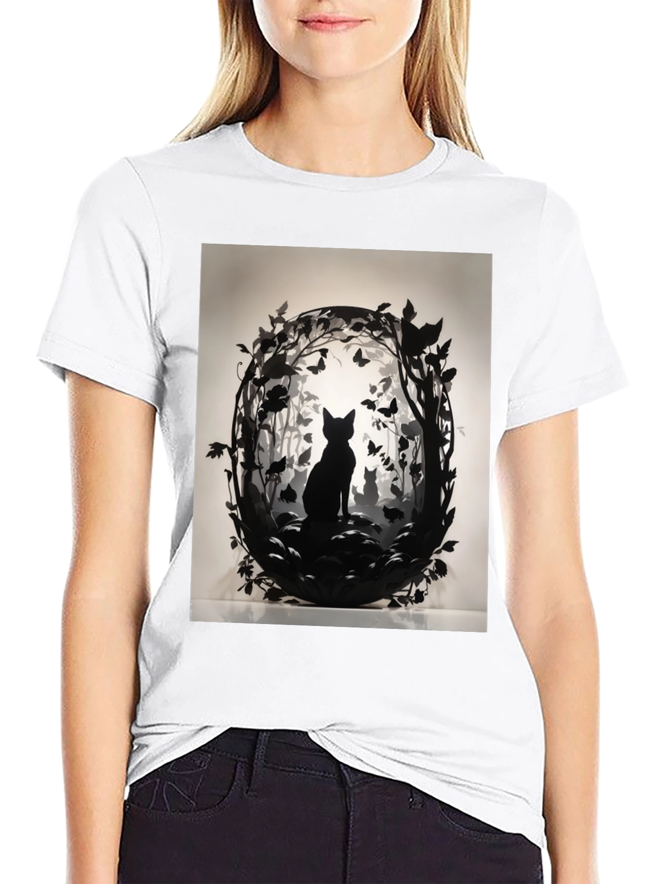Black Artistic Cat Silhouette Graphic Tee view 9