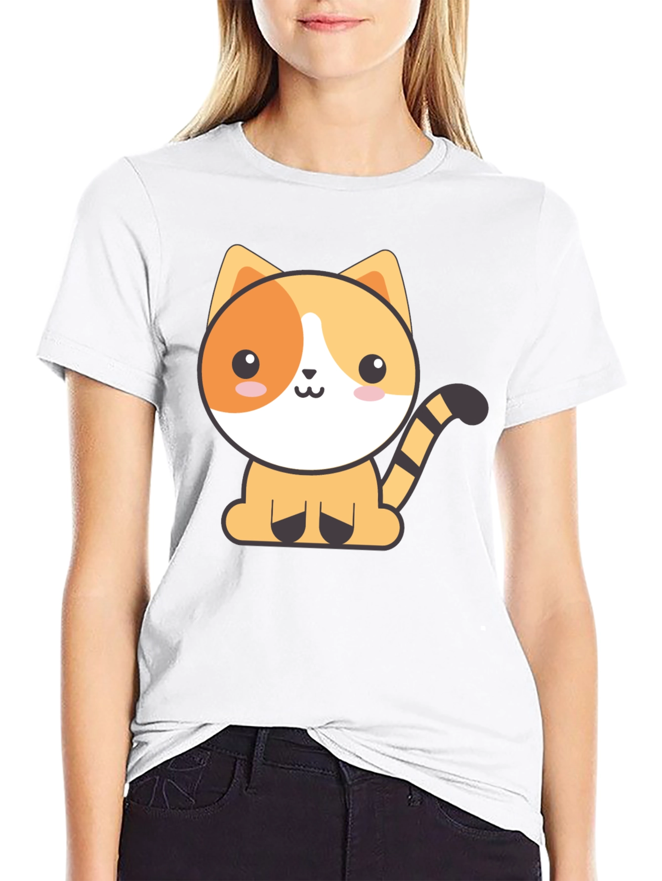 Black Cute Cartoon Cat Black T-Shirt view 9