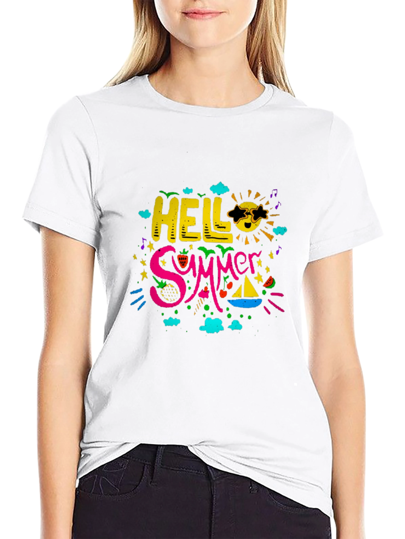 Black Hello Summer Graphic Print Black T-Shirt view 9