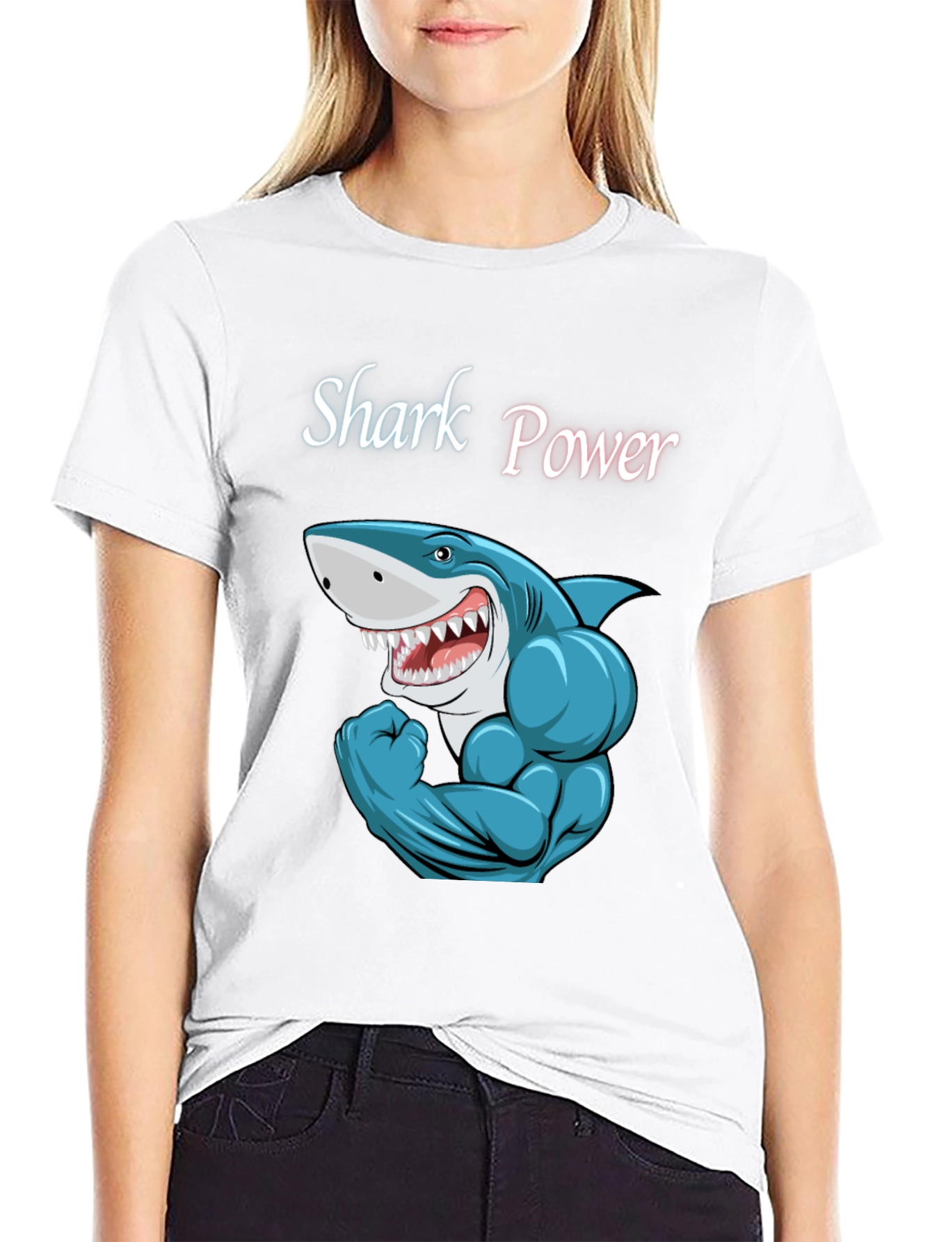 Black Shark Power Black T-Shirt - Muscular Cartoon Shark Design view 9