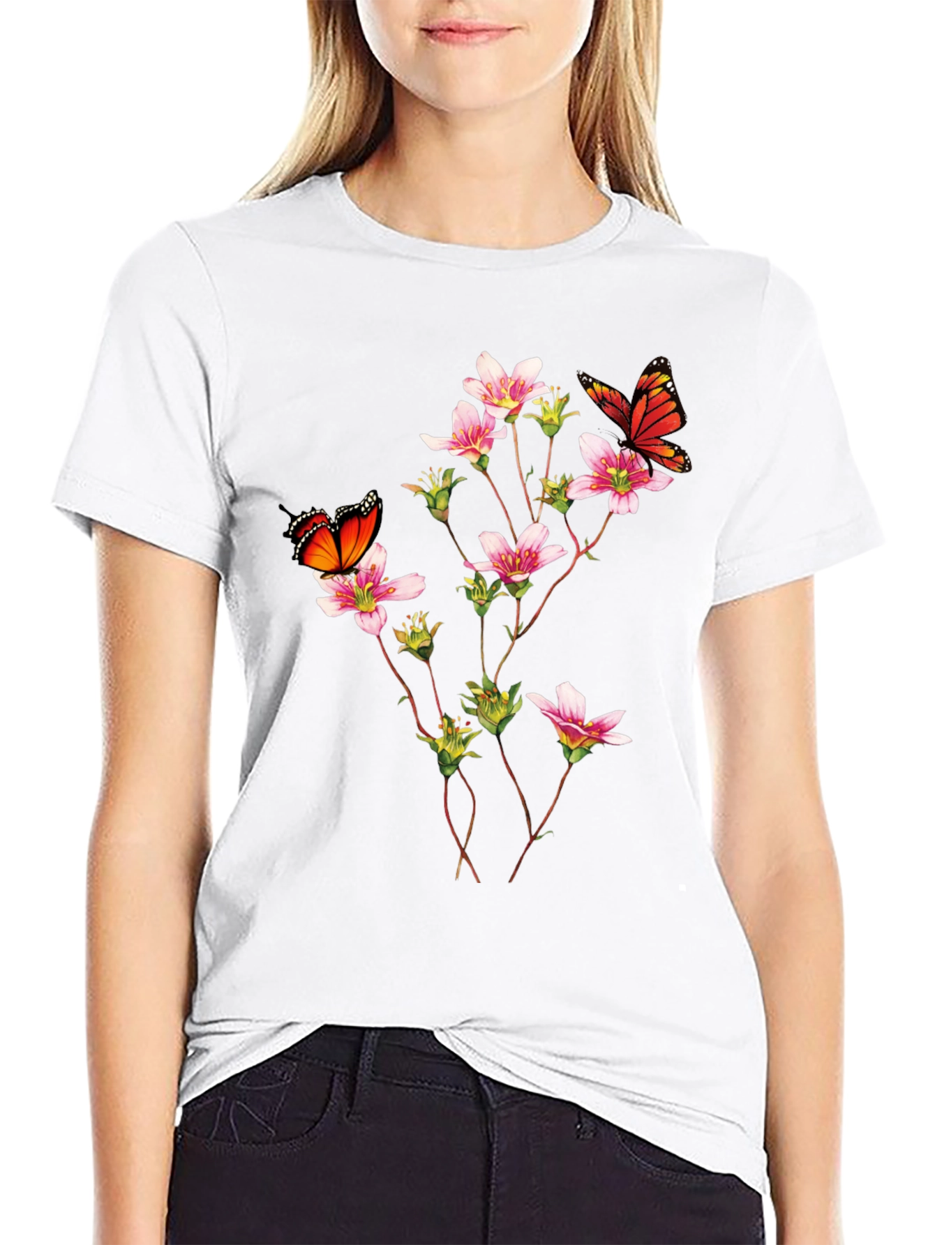 Black Butterfly & Floral Print Black T-Shirt view 9