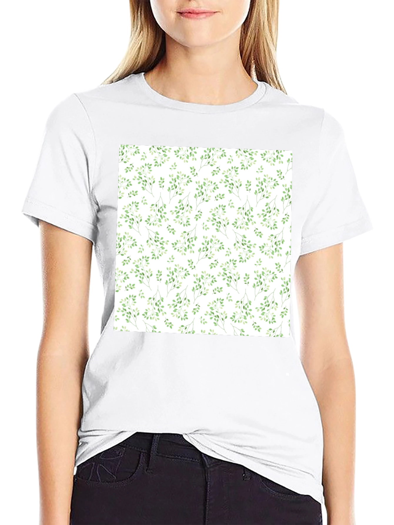 Black Green Leaves Patterned Black T-Shirt view 9