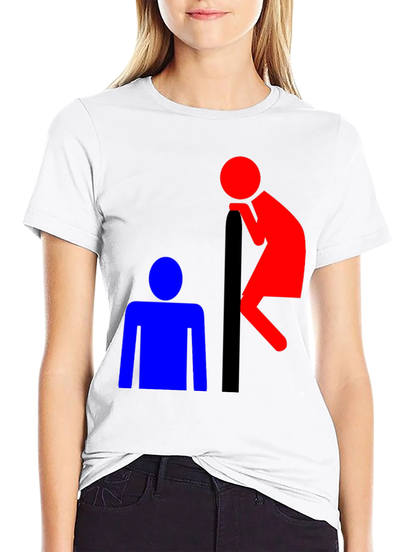 Black Funny T-Shirt: Red Peeping Tom and Blue Figure view 9