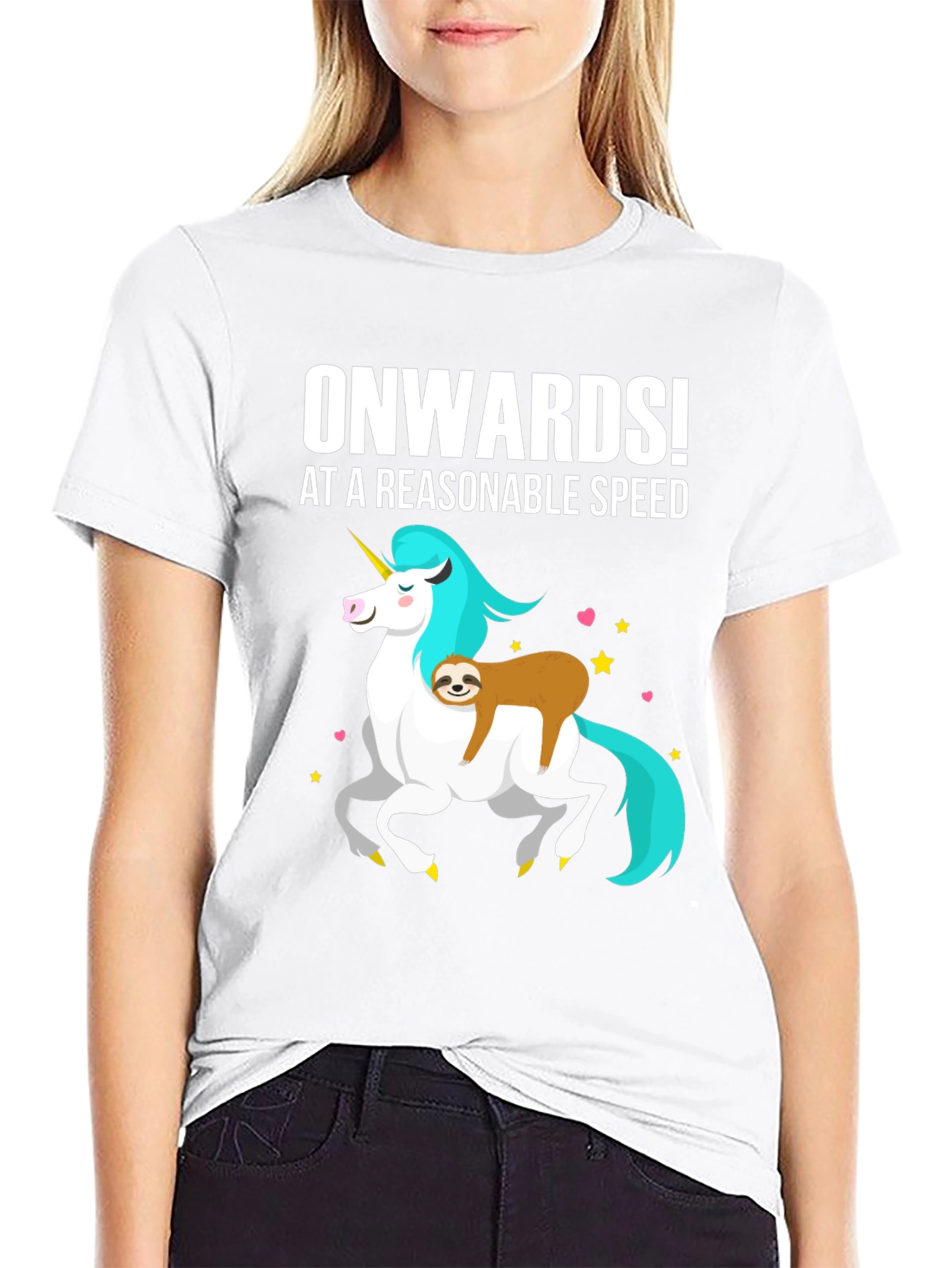 Black Onwards! Sloth Riding Unicorn Graphic Tee view 9