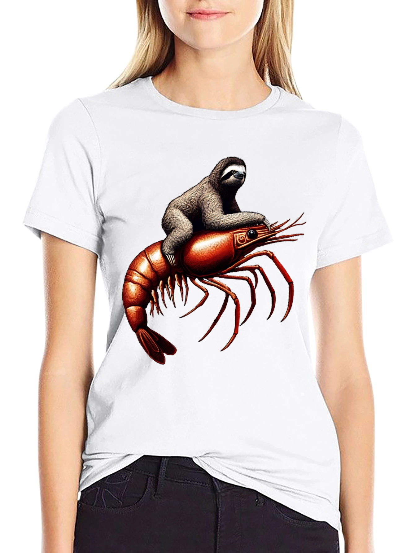 Black Sloth Riding Shrimp T-Shirt view 9
