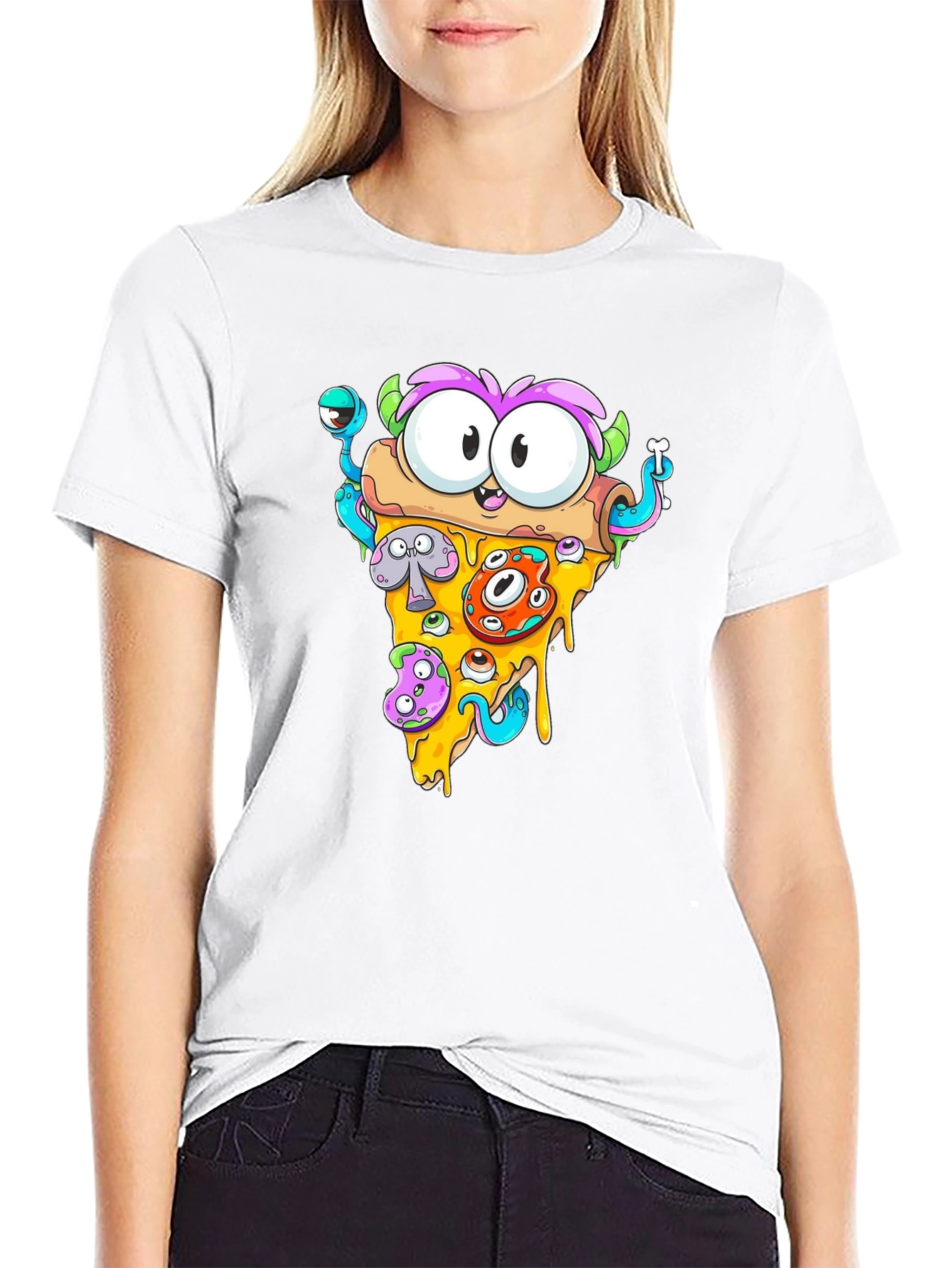 Black Pizza Monster Graphic Tee - Quirky Black T-Shirt view 9