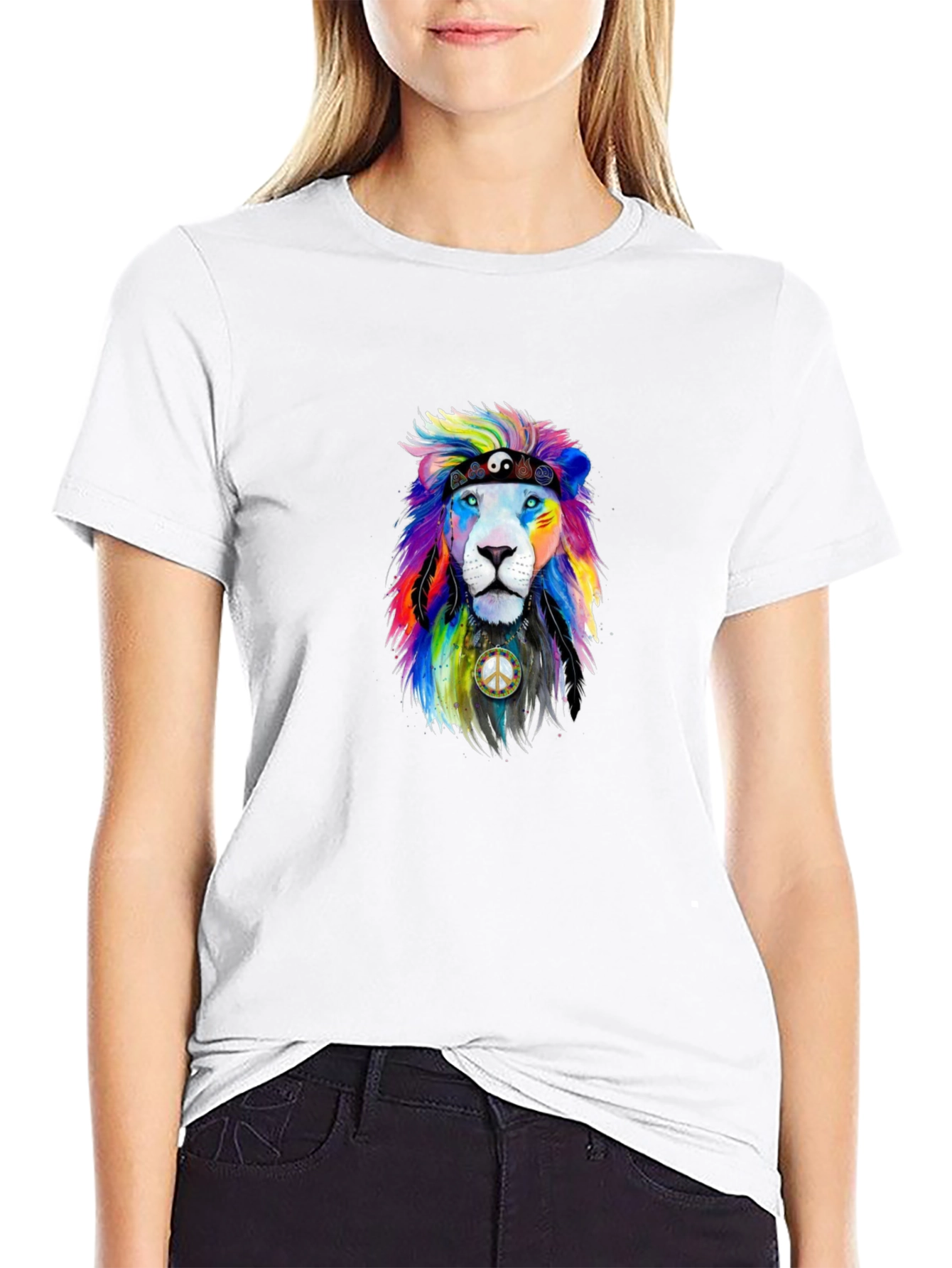 Black Rainbow Lion Peace Sign Graphic Tee view 9