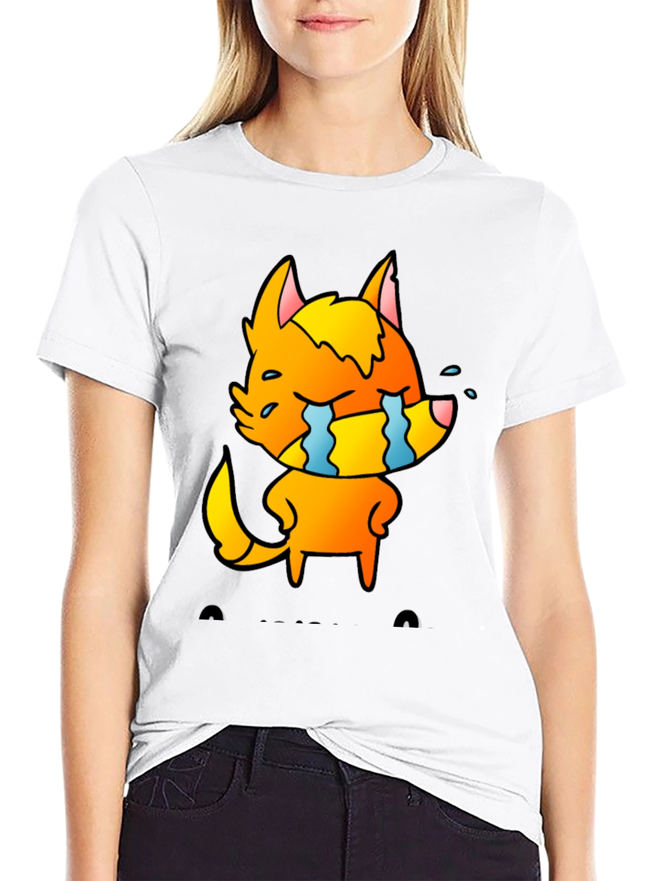 Black Cartoon Crying Fox Graphic Tee - Black view 9
