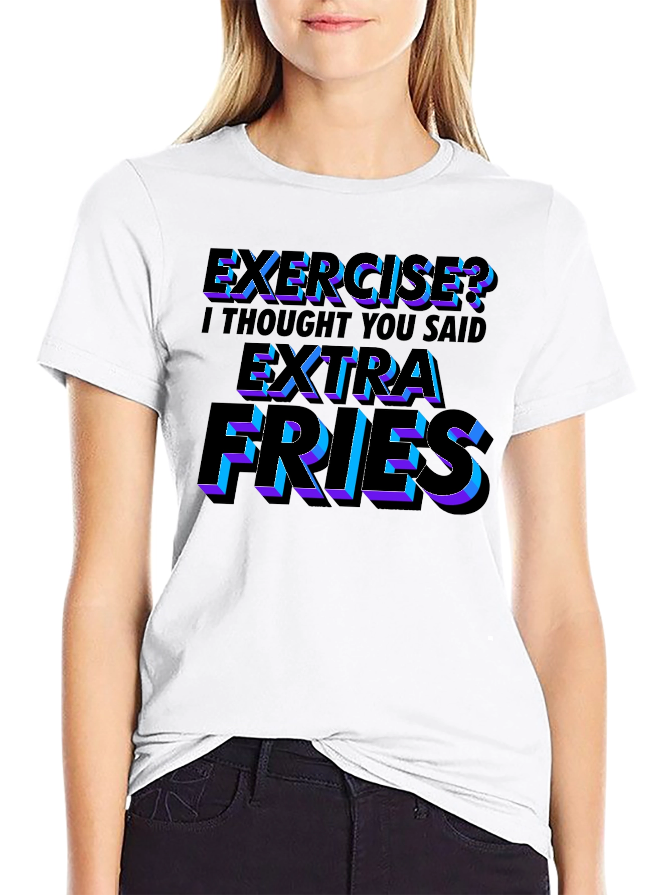 Black Funny Exercise? Extra Fries Men's Black T-Shirt view 9