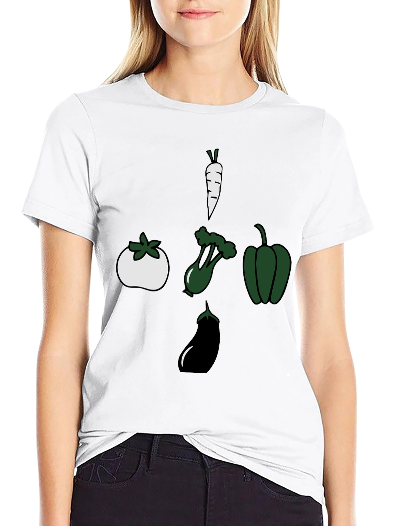 Black Veggie Cross T-Shirt: Carrot, Tomato, Eggplant, Pepper view 9