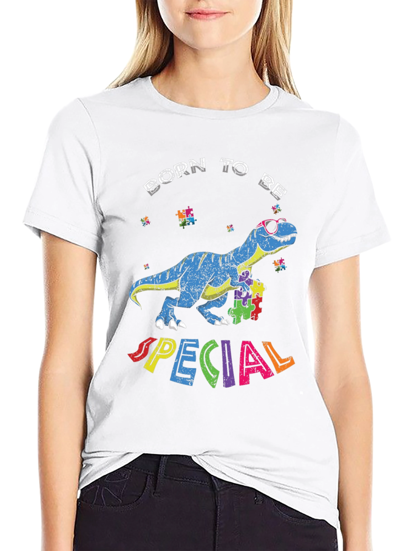Black Born to Be Special Autism Awareness Dinosaur T-Shirt view 9