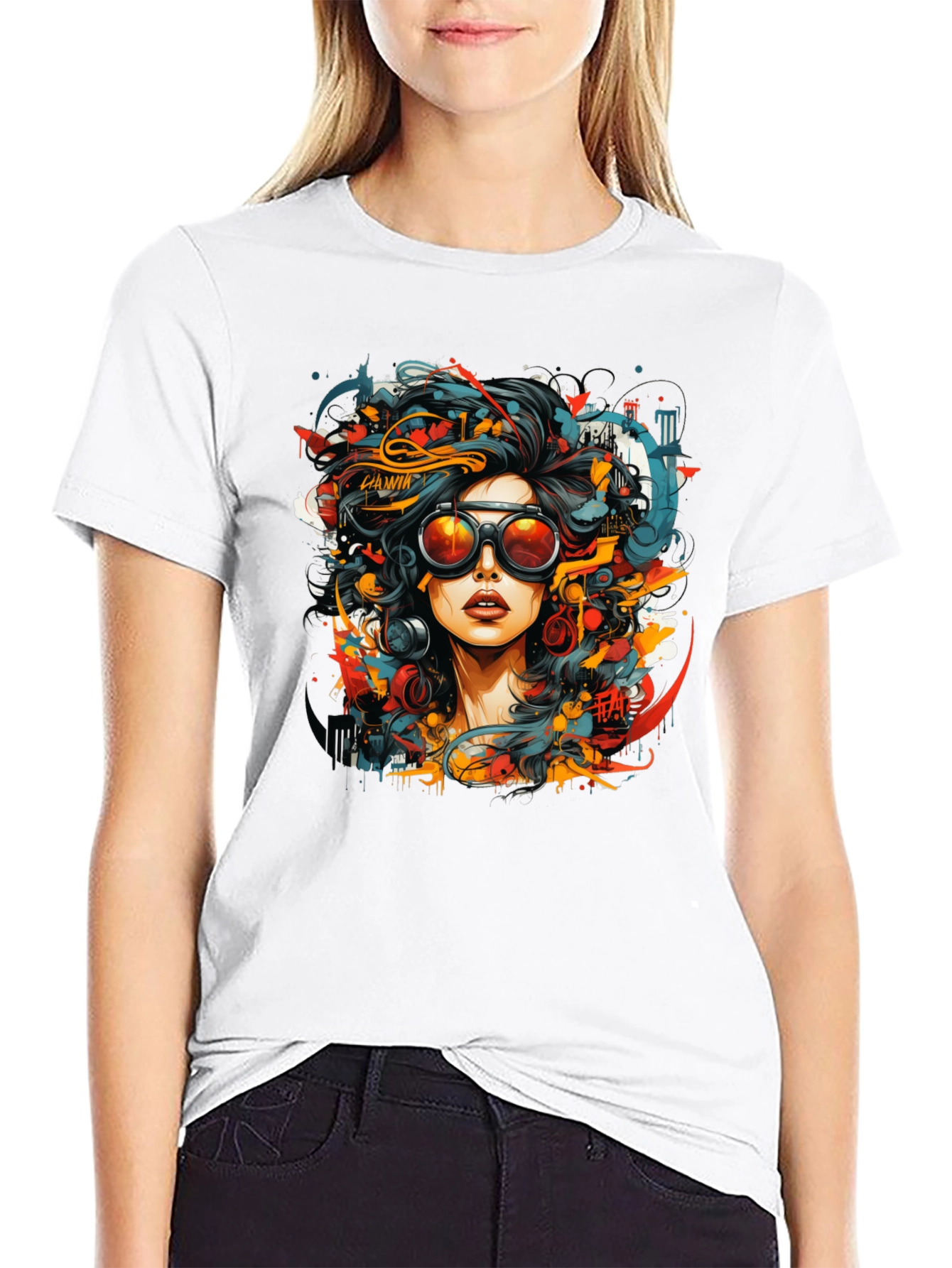 Black Abstract Woman Graphic Tee - Black Cotton T-Shirt view 9