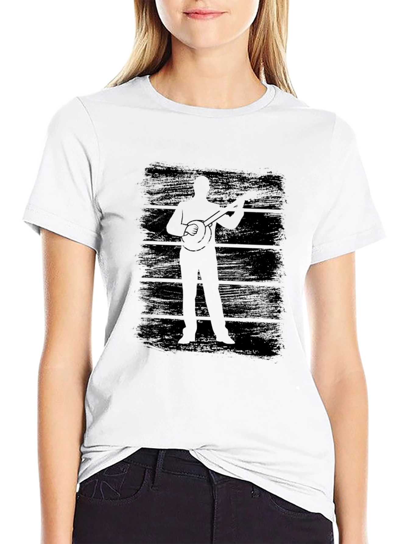 Black Banjo Player Silhouette Graphic Tee - Black Cotton T-Shirt view 9