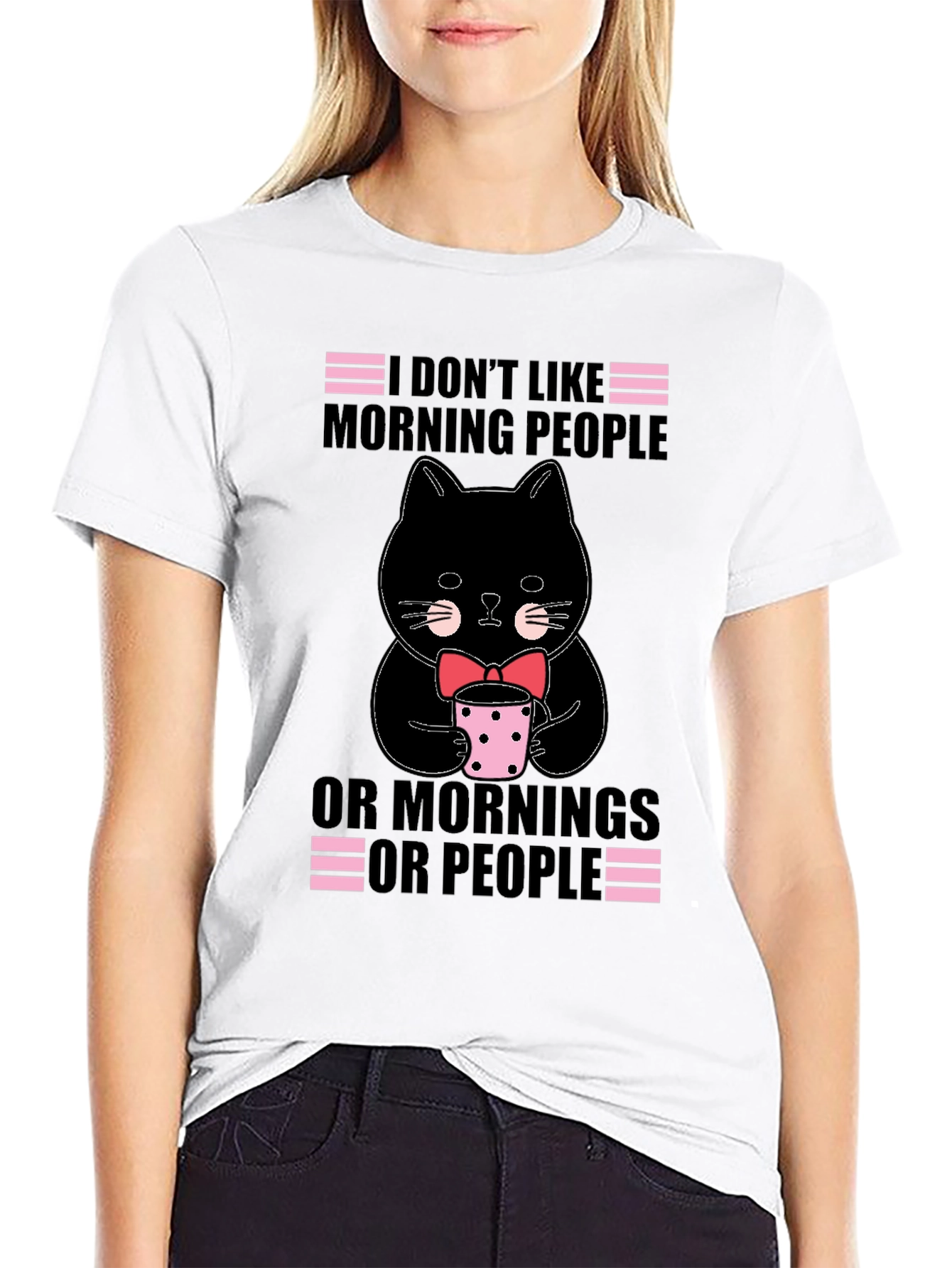 Black Funny Cat T-Shirt - I Don't Like Morning People view 9