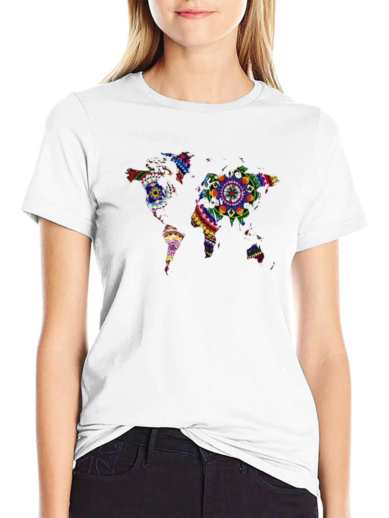 Black World Map Mandala Graphic T-Shirt view 9