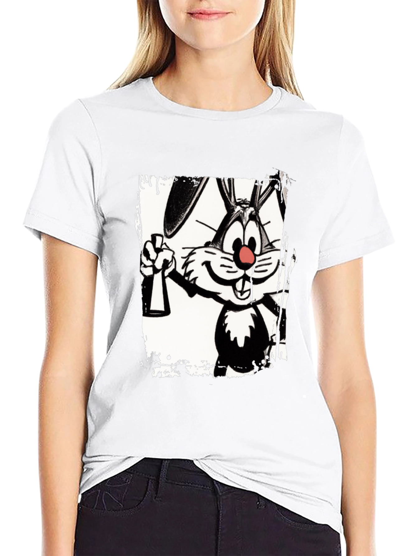 Black Cartoon Rabbit Graphic Black T-Shirt view 9