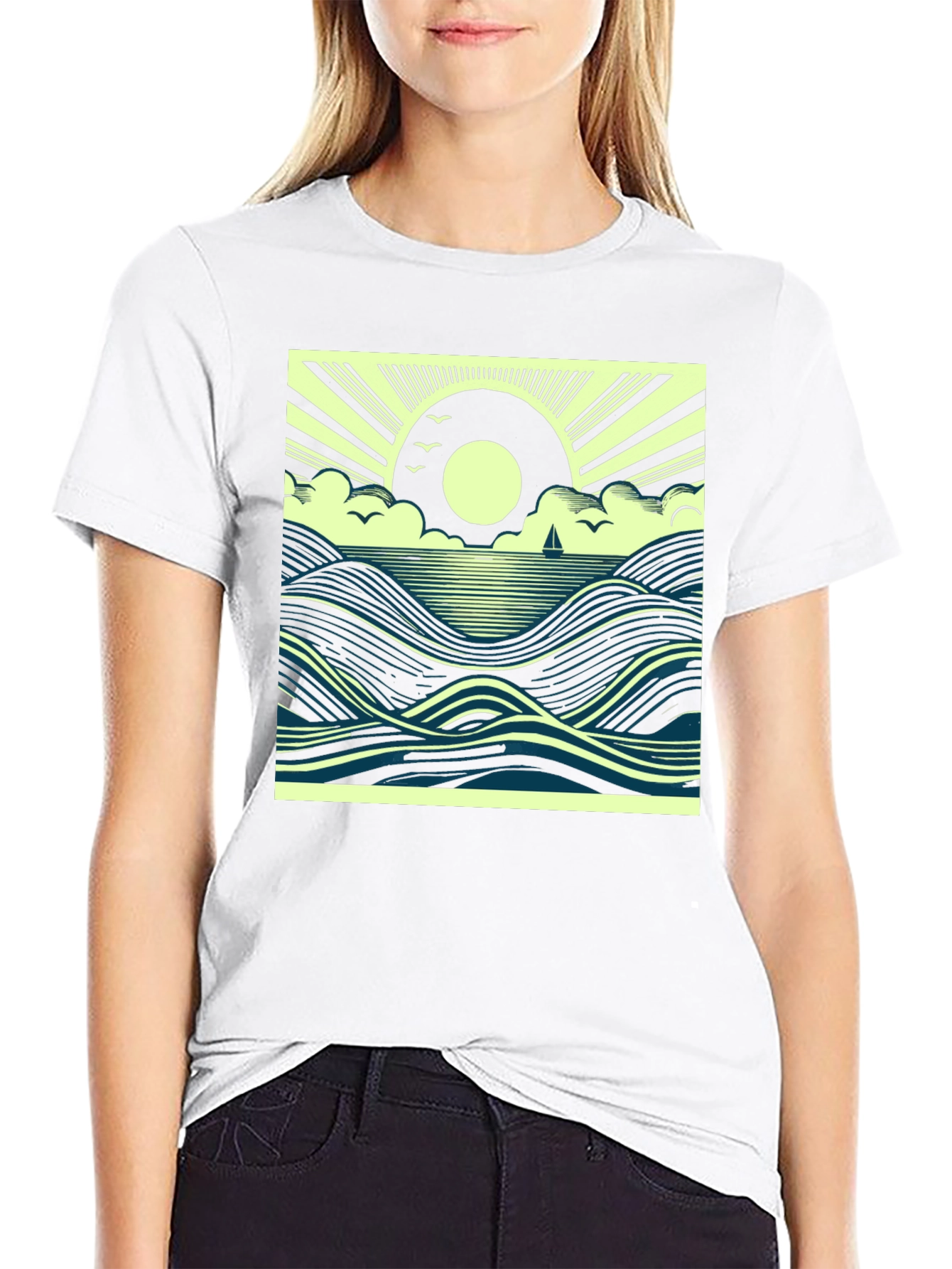 Black Ocean Sunrise Graphic Tee - Black Cotton T-Shirt view 9