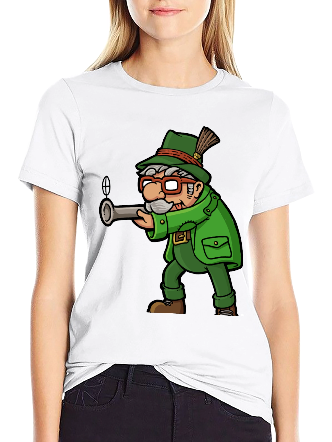 Black Cartoon Hunter Graphic Tee - Quirky Novelty Shirt view 9