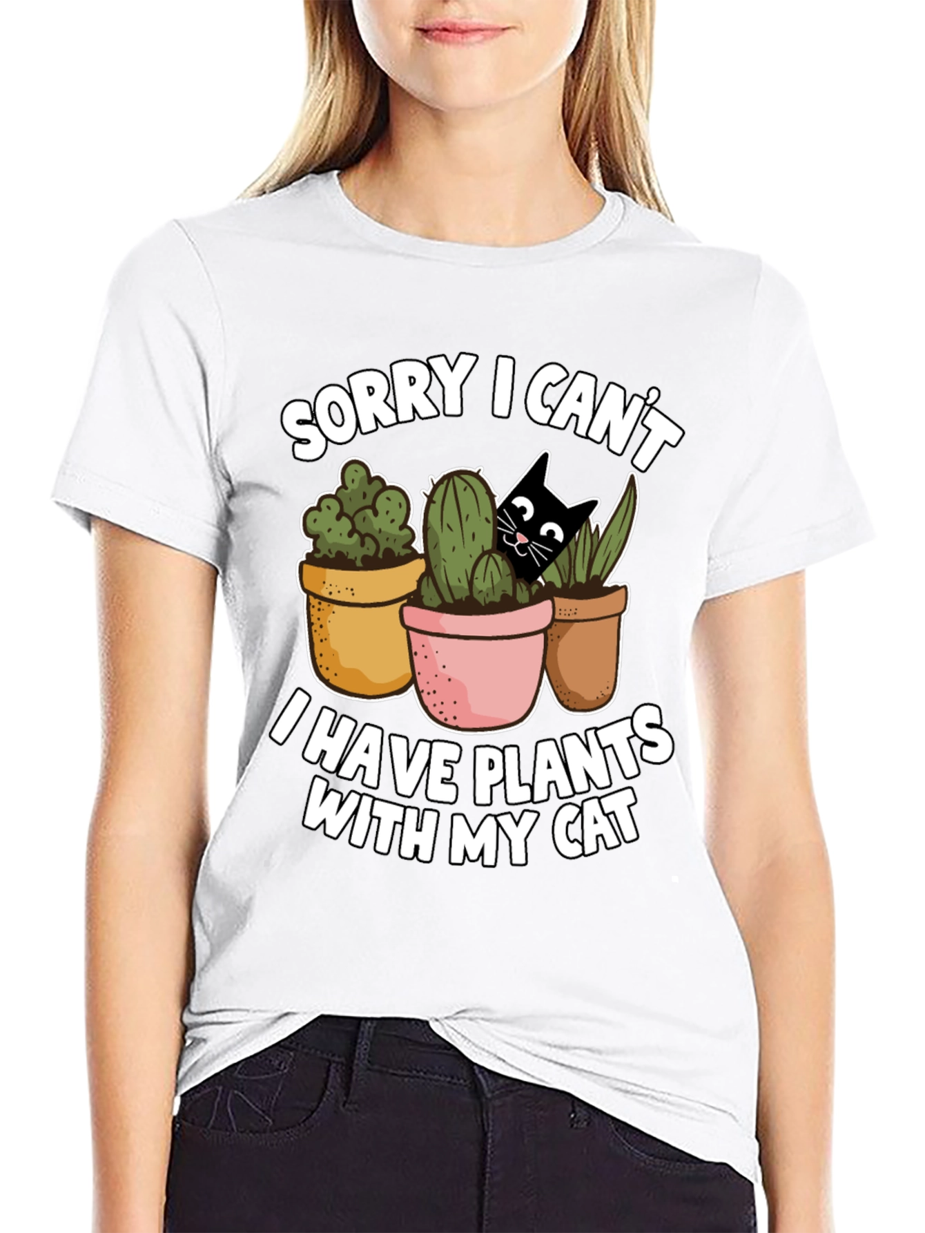 Black Funny Plants and Cat Graphic T-Shirt view 9