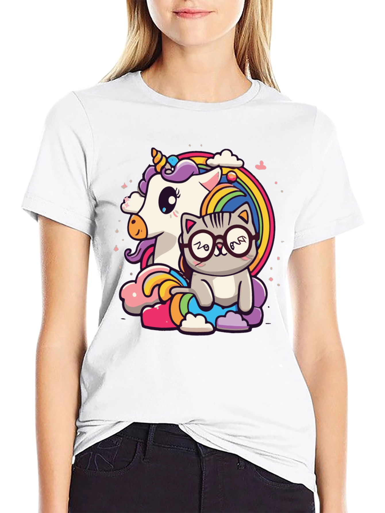 Black Unicorn Cat Rainbow Graphic Tee - Black view 9