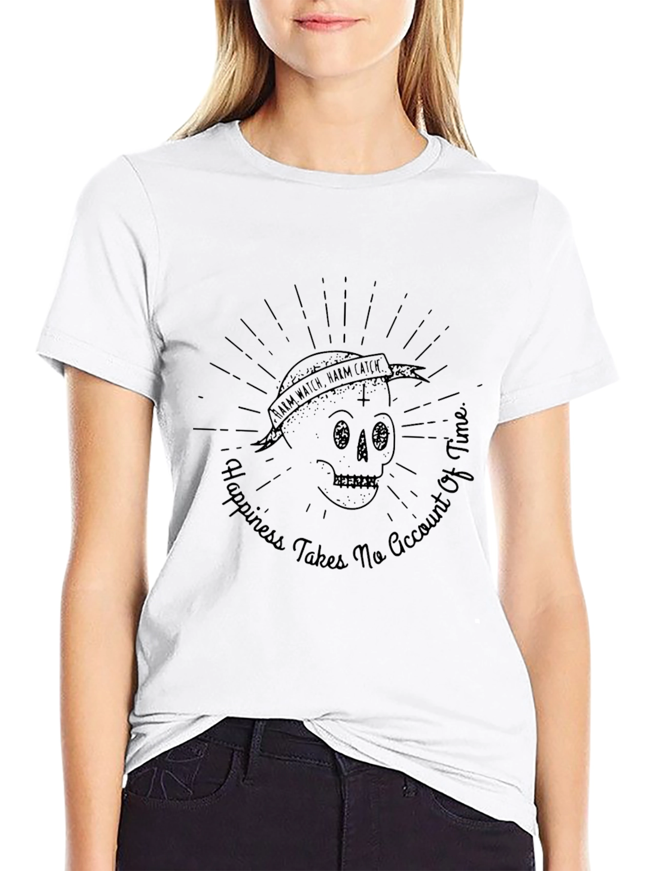 Black Skull Graphic Black T-Shirt - Happiness Takes No Account of Time view 9