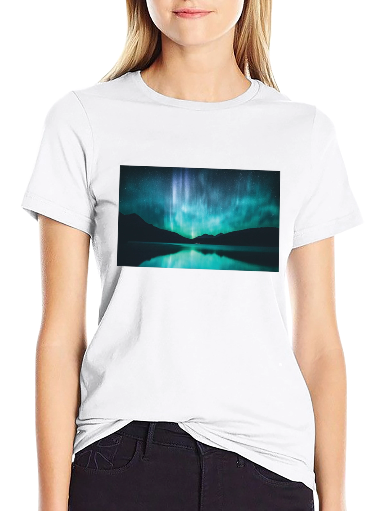 Black Aurora Borealis Graphic Tee - Midnight Lake view 9