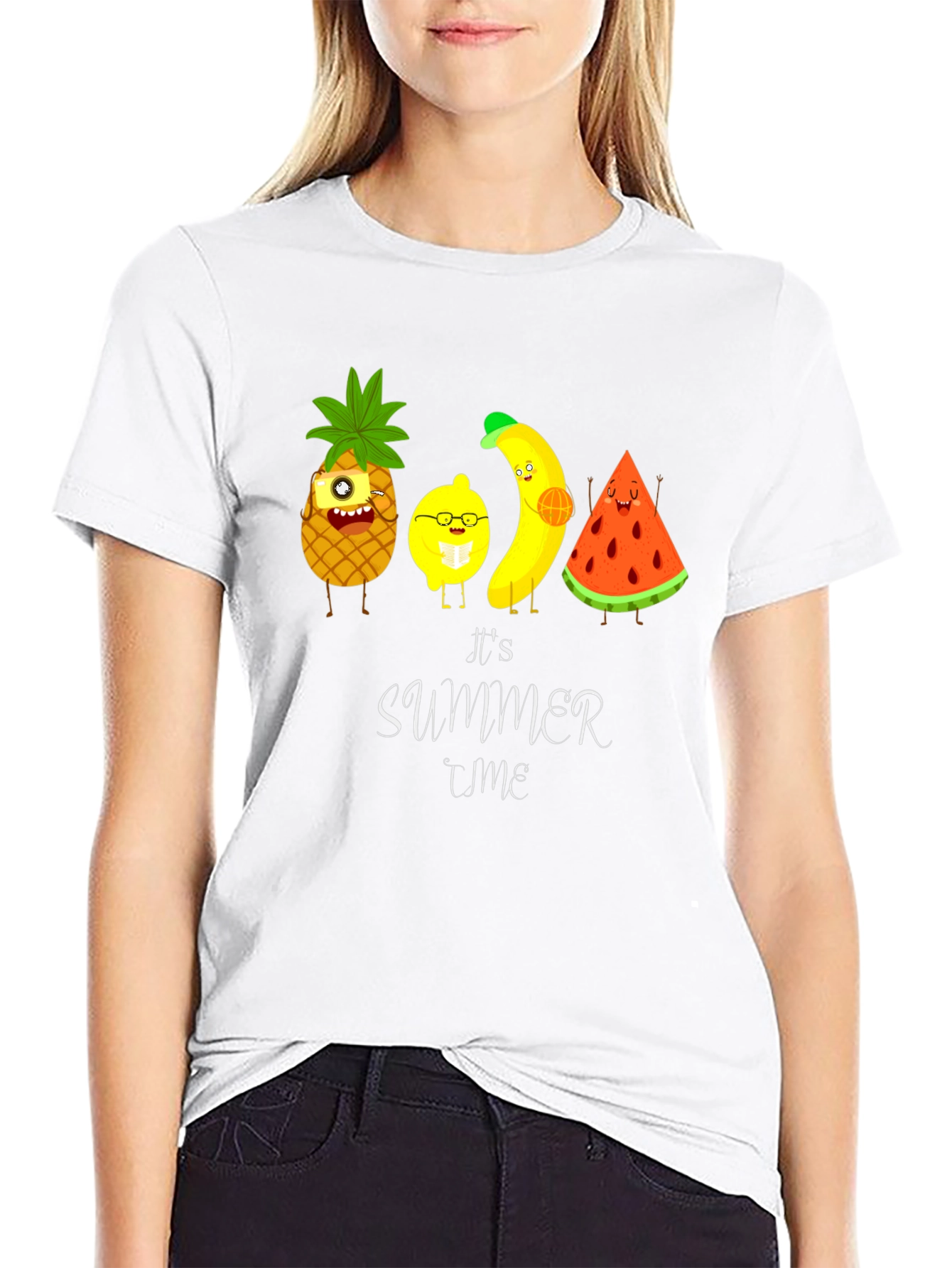 Black It's Summer Time Fruit Cartoon T-Shirt view 9