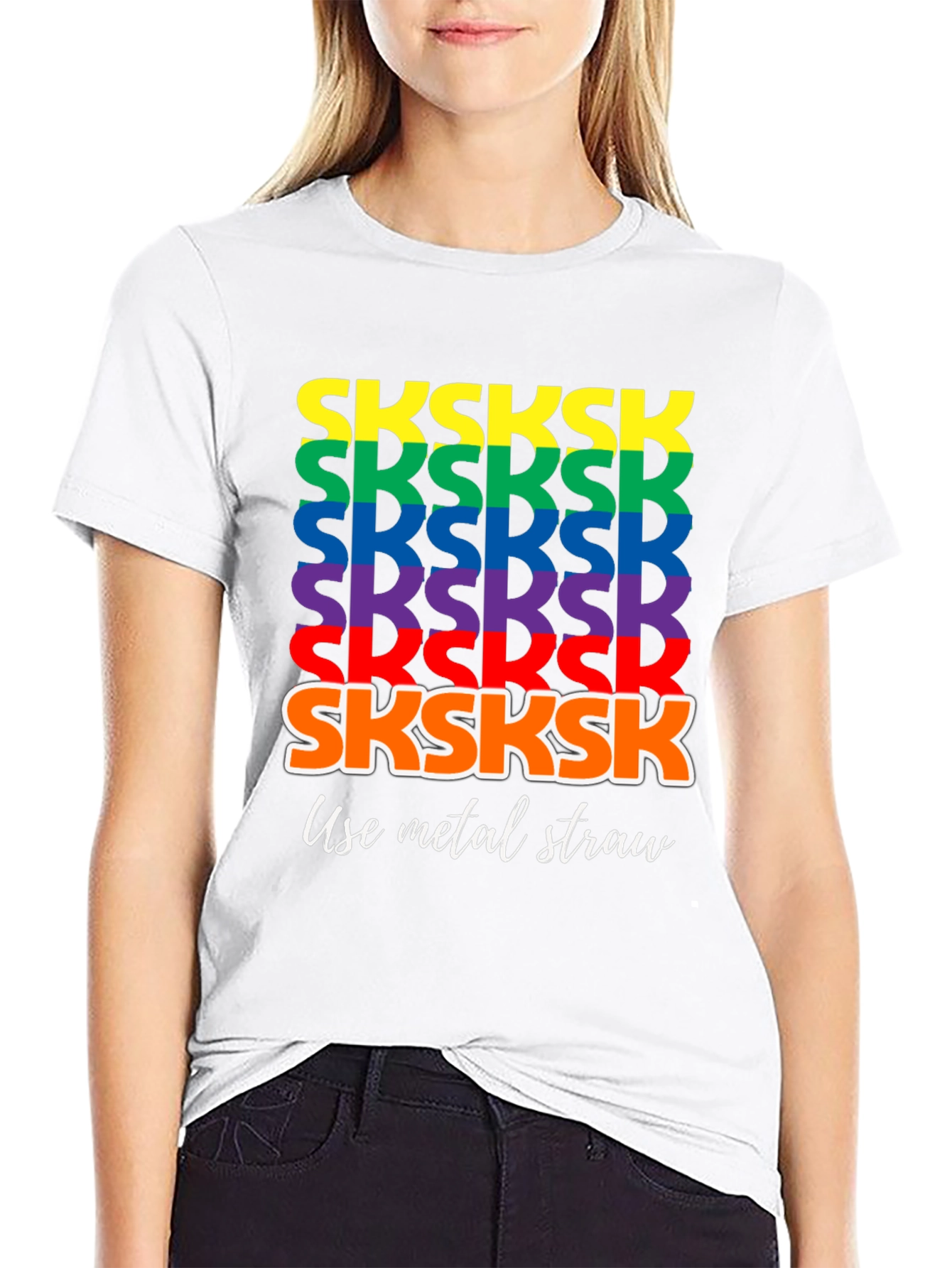 Black Rainbow SKSKSK Use Metal Straw Graphic T-Shirt view 9