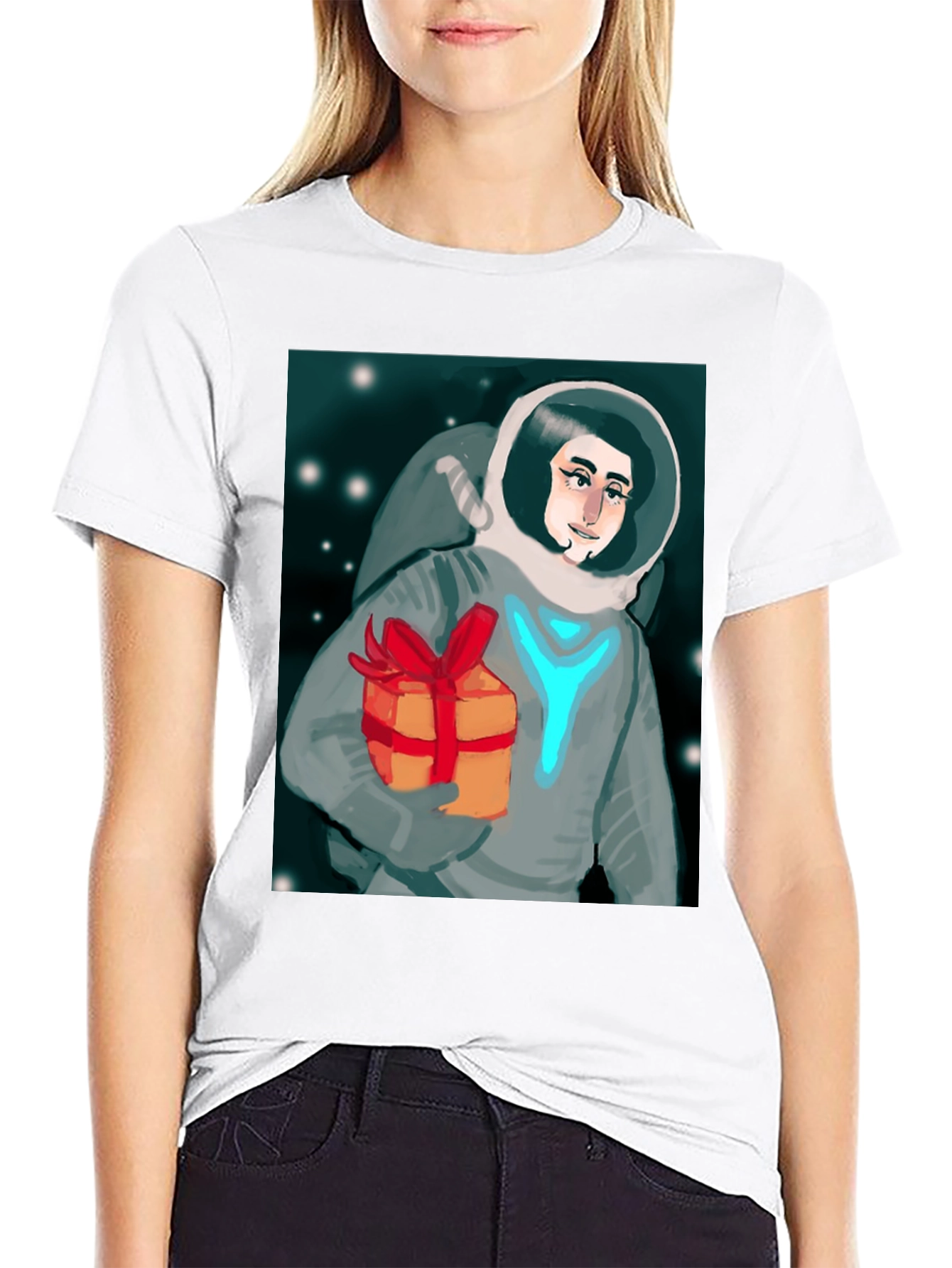 Black Astronaut with Gift Graphic Tee - Black Cotton T-Shirt view 9