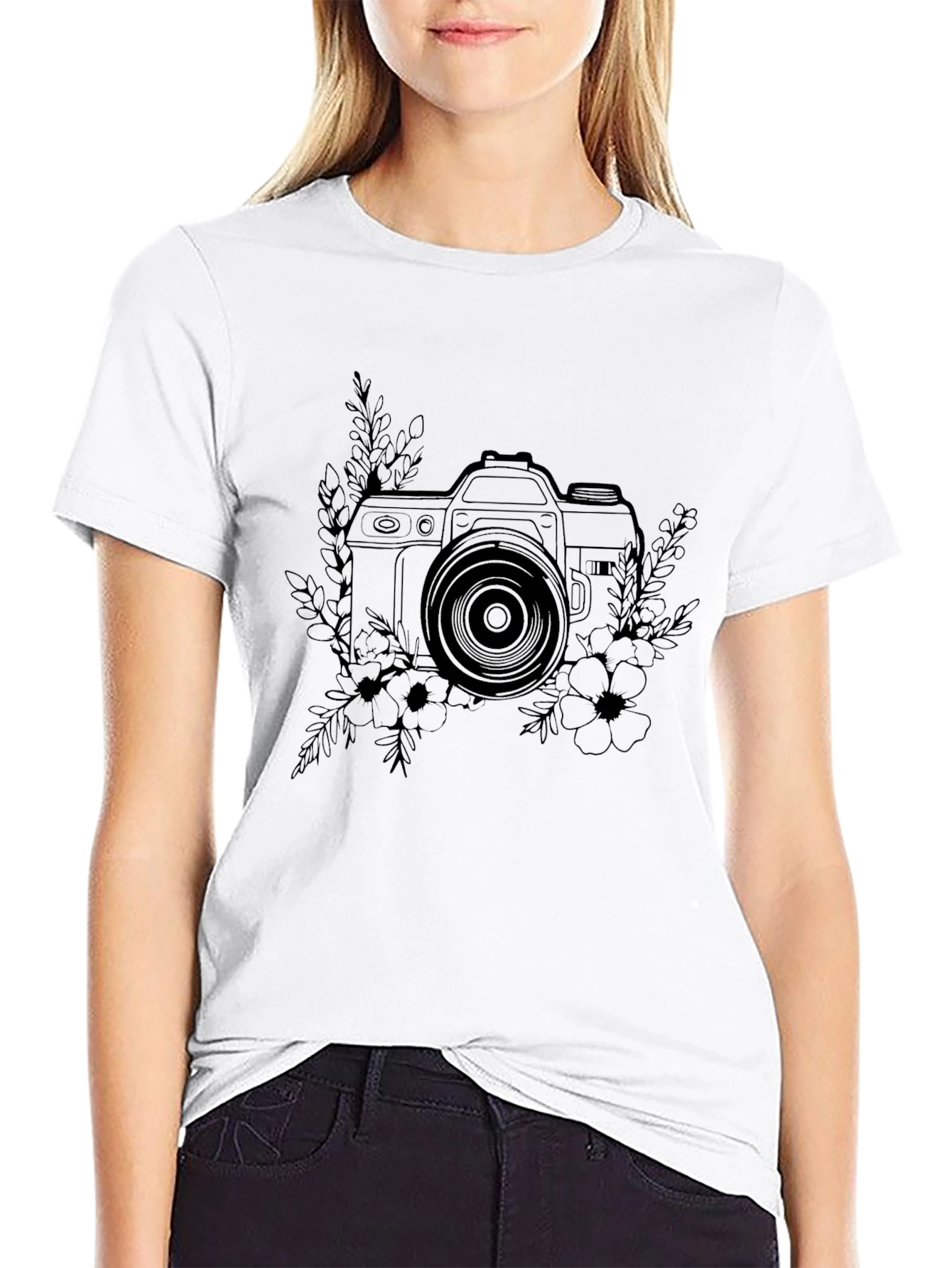 Black Floral Camera Graphic T-Shirt view 9
