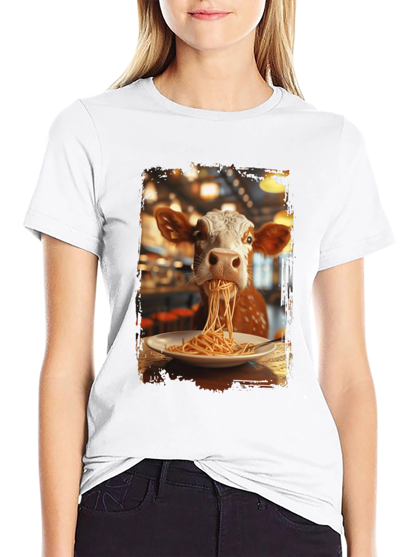 Black Cow Eating Spaghetti Graphic T-Shirt view 9