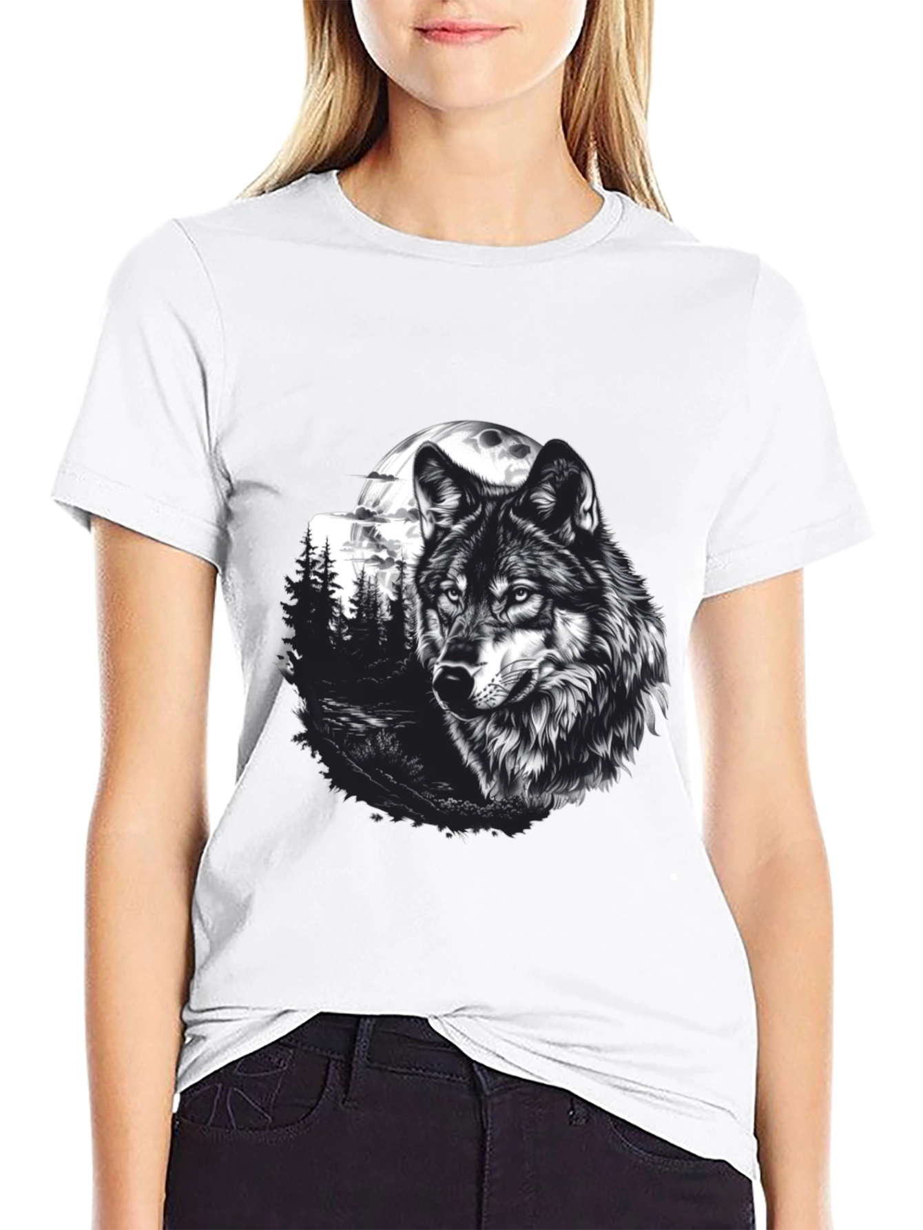 Black Wolf Moon Graphic Tee - Black Cotton T-Shirt view 9