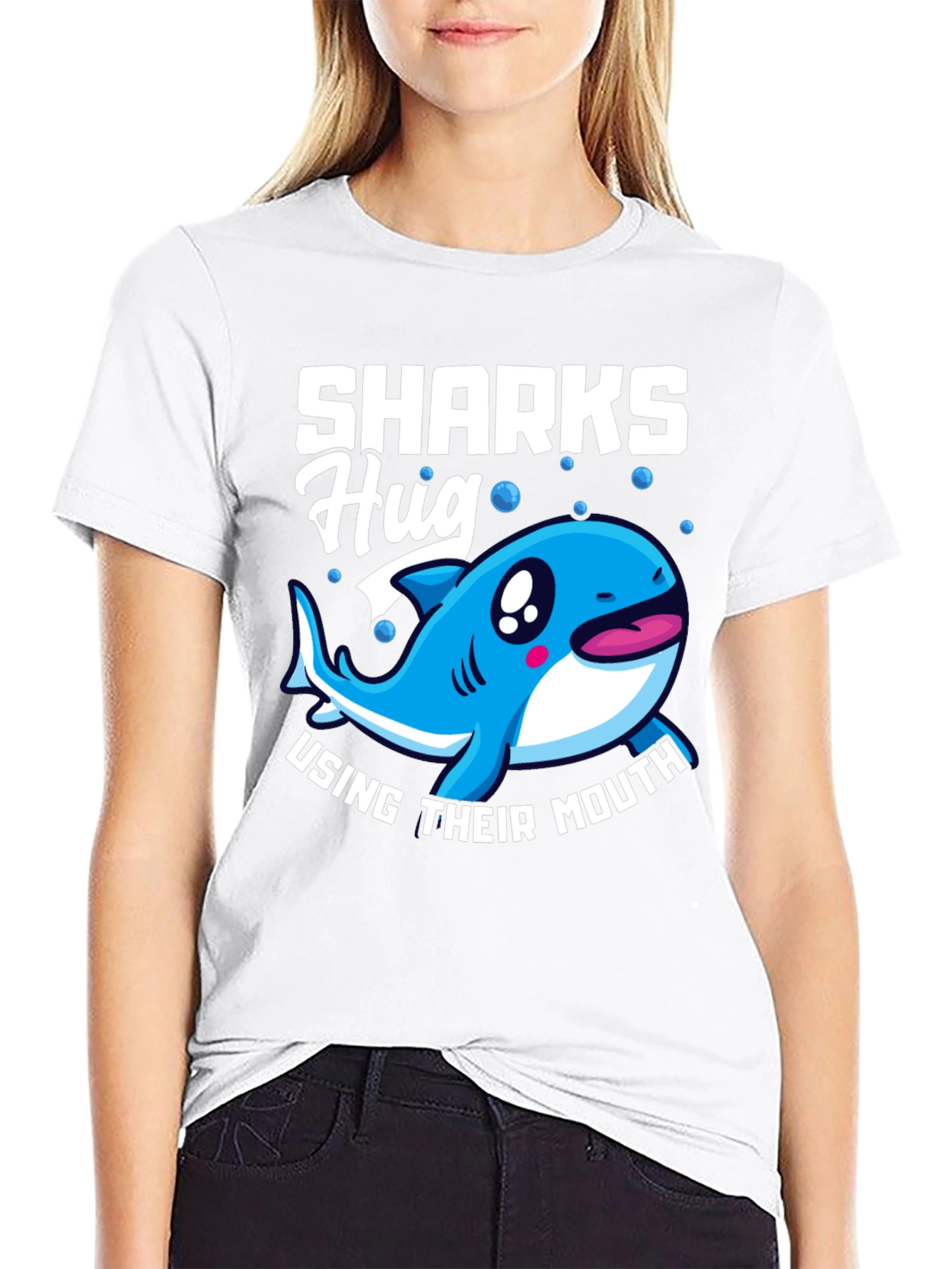 Black Sharks Hug with Their Mouth T-Shirt, Funny Animal Tee view 9