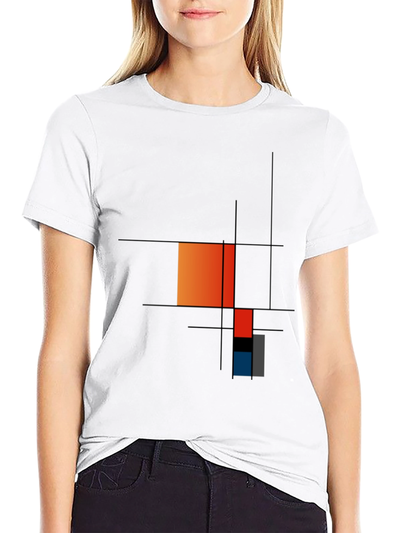 Black Modern Art Graphic Tee - Geometric Mondrian Style view 9