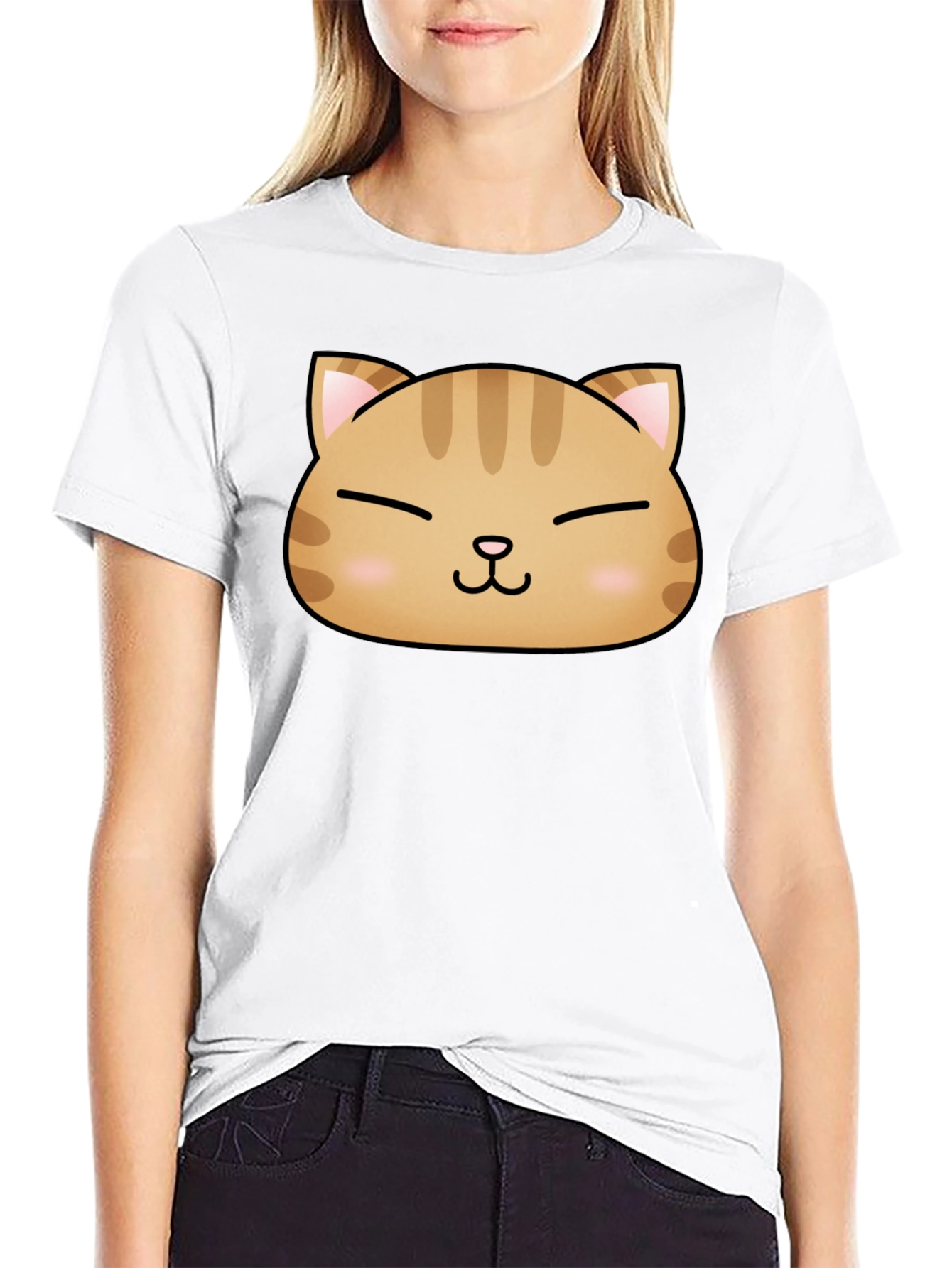 Black Cute Cat Face Graphic Print Black T-Shirt view 9