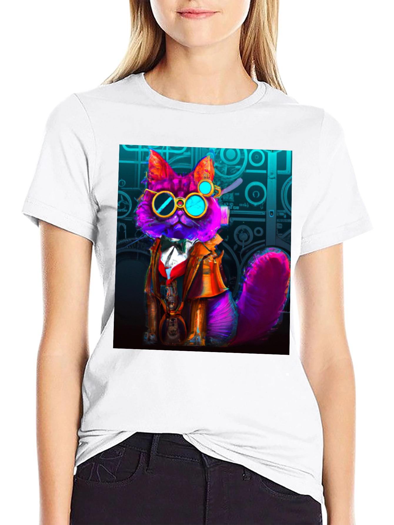 Black Steampunk Cat T-Shirt - Whimsical Fashion view 9