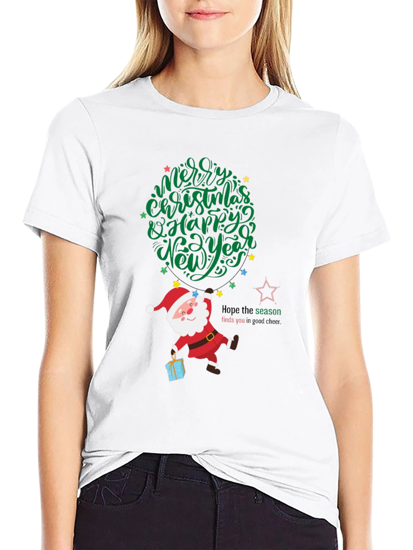 Black Festive Santa Graphic Tee - Merry Christmas & Happy New Year view 9