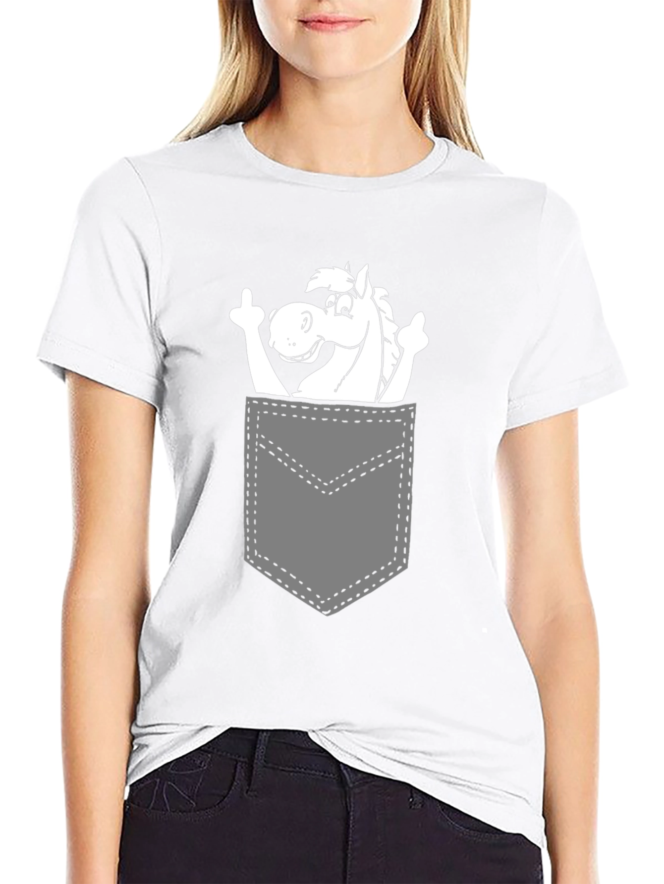 Black Horse in Pocket Graphic Tee - Quirky Black T-Shirt view 9