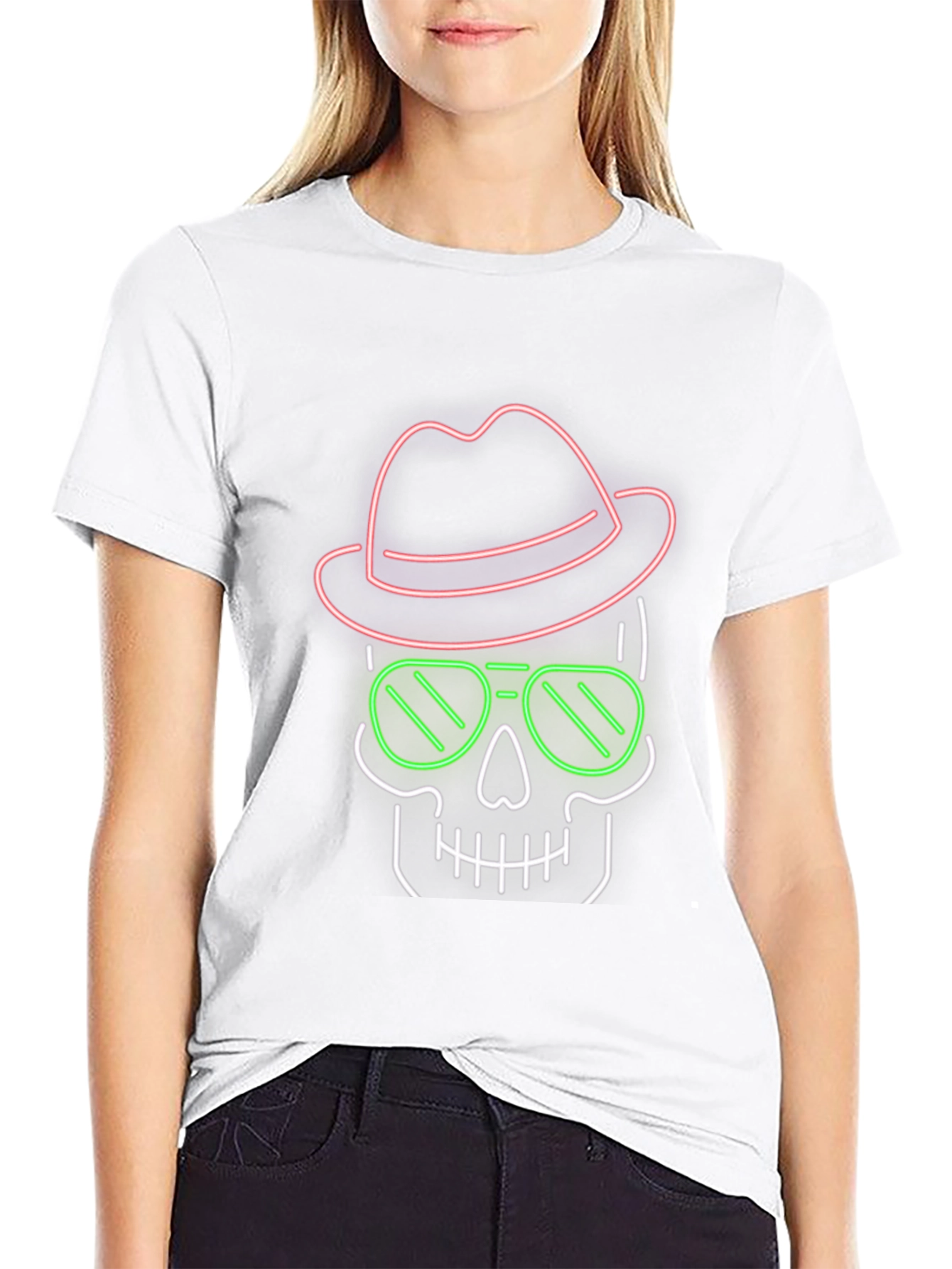 Black Neon Skull T-Shirt - Hat & Sunglasses Graphic Tee view 9