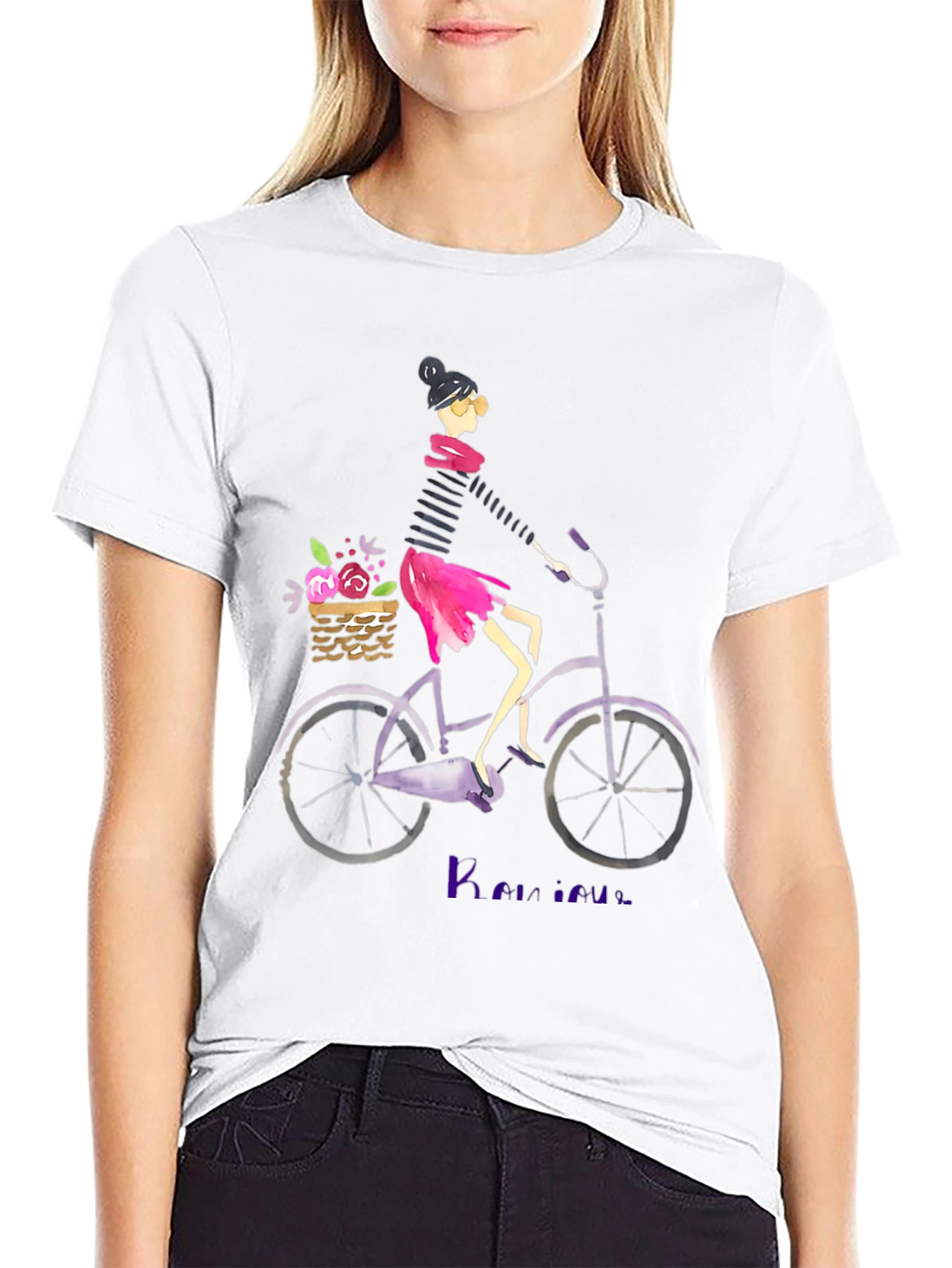 Black Woman on Bicycle Graphic Tee - Casual Black T-Shirt view 9