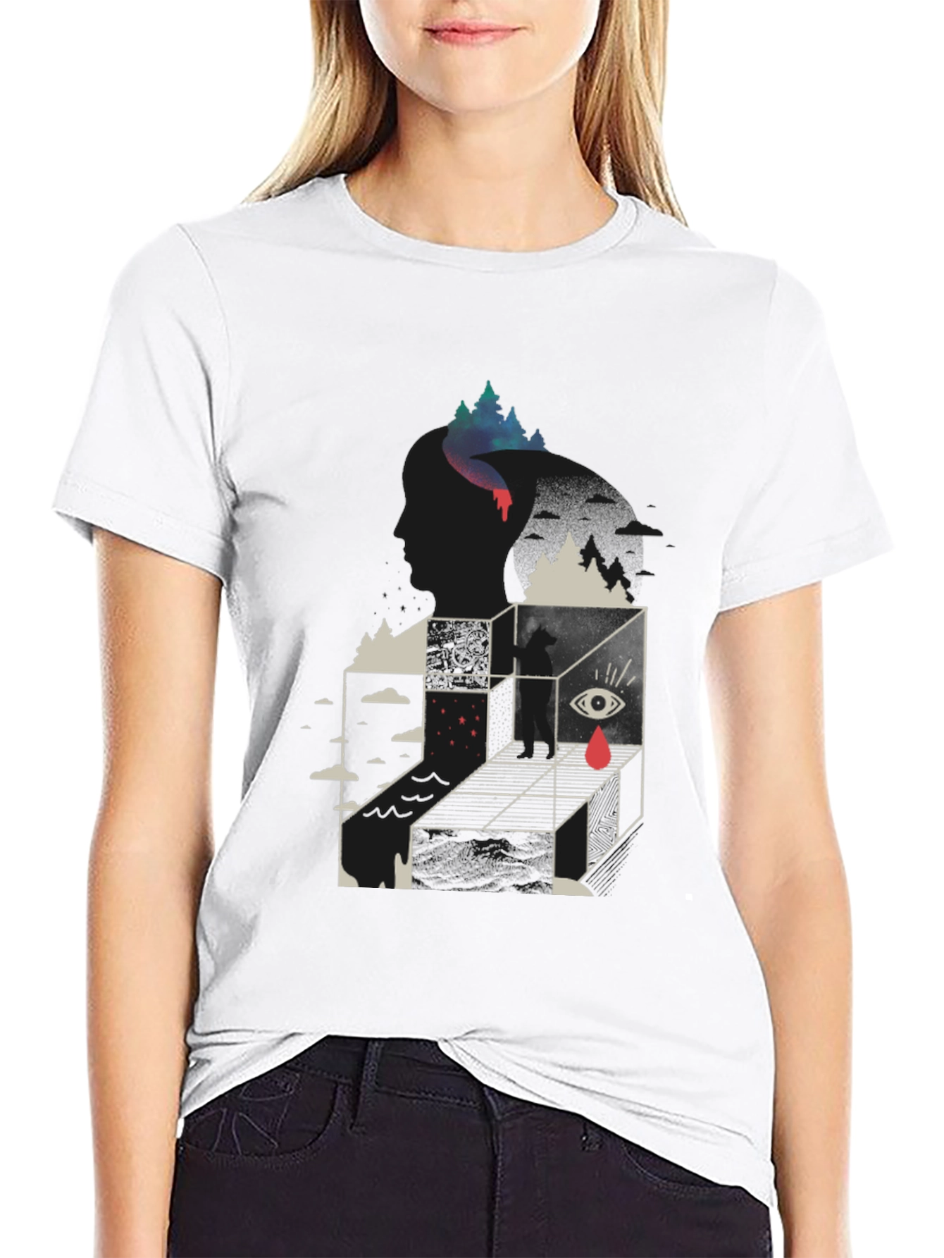 Black Surreal Graphic Tee - Men's Black Cotton Blend T-Shirt view 9