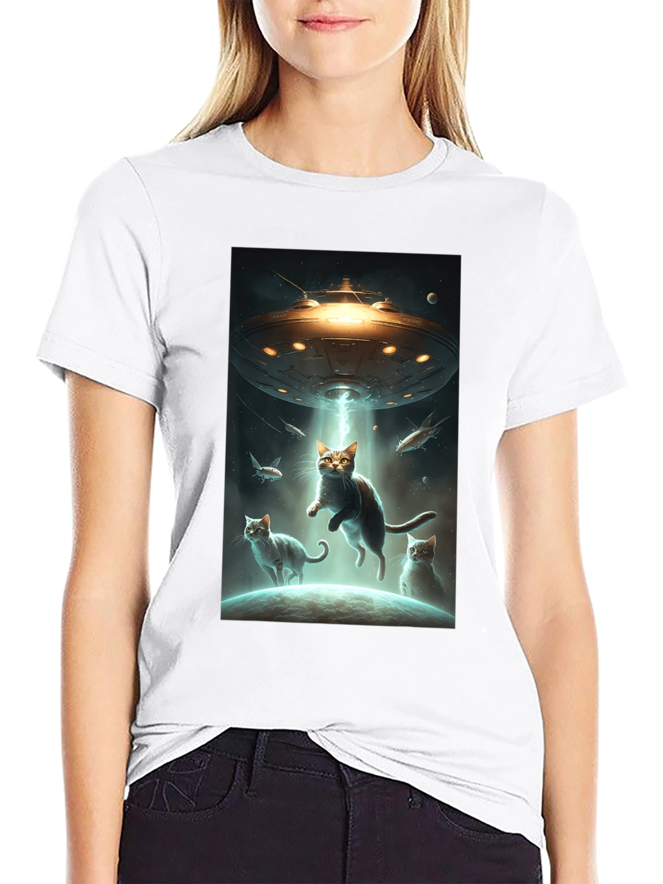 Black Alien Cat Abduction T-Shirt view 9