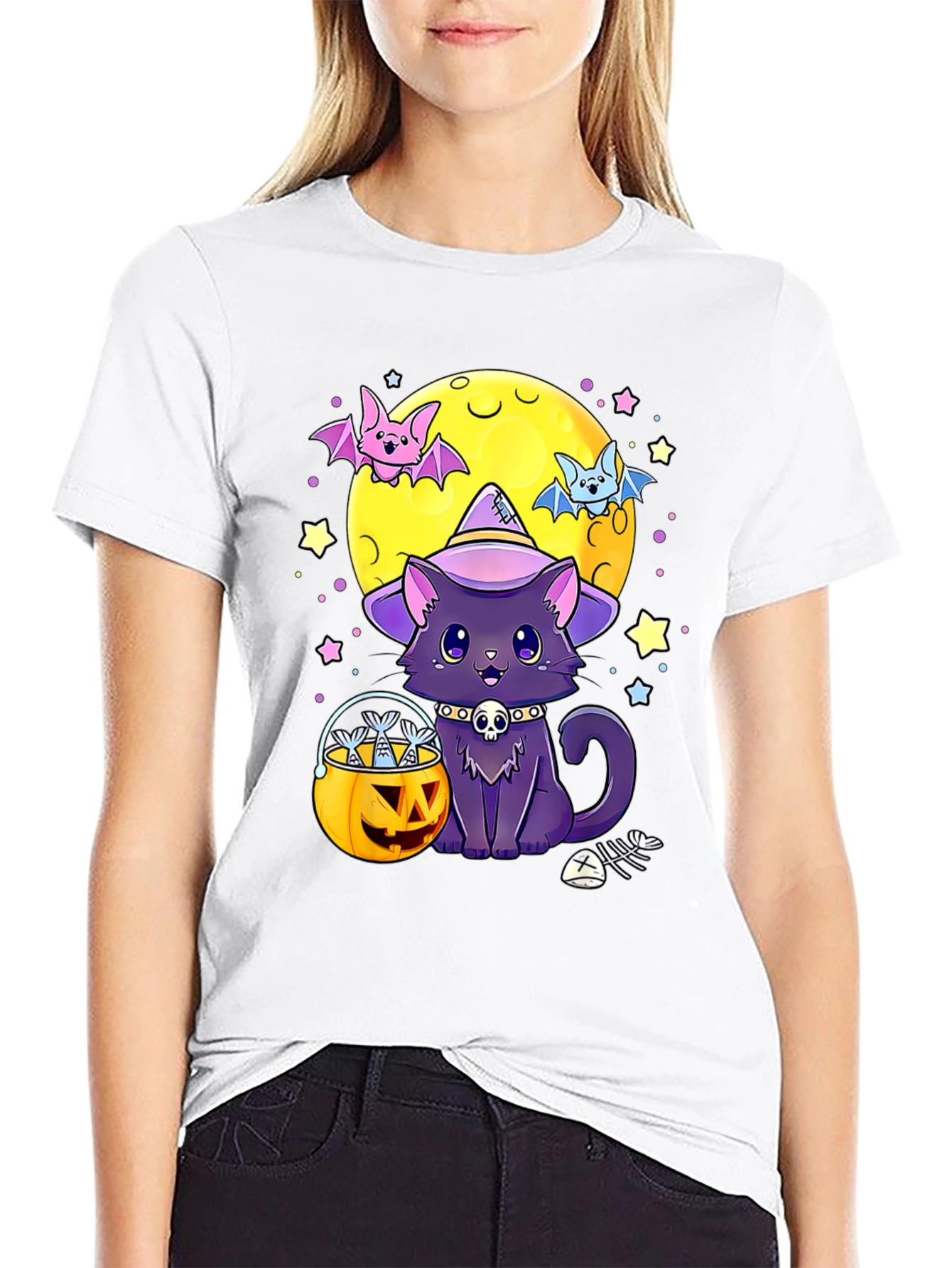 Black Halloween Cat Moon T-Shirt view 9