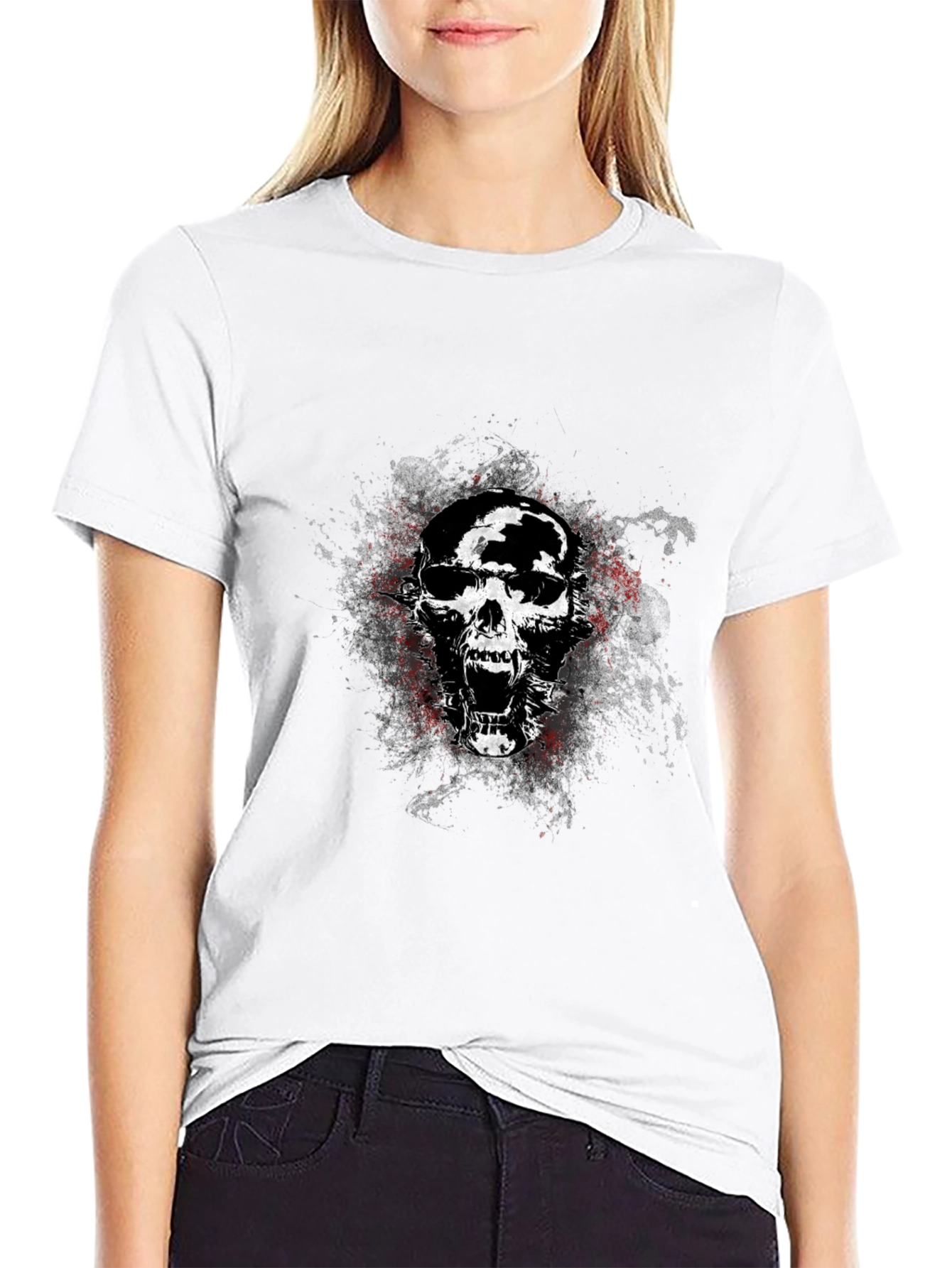 Black Edgy Skull Graphic Tee - Black Cotton Blend T-Shirt view 9