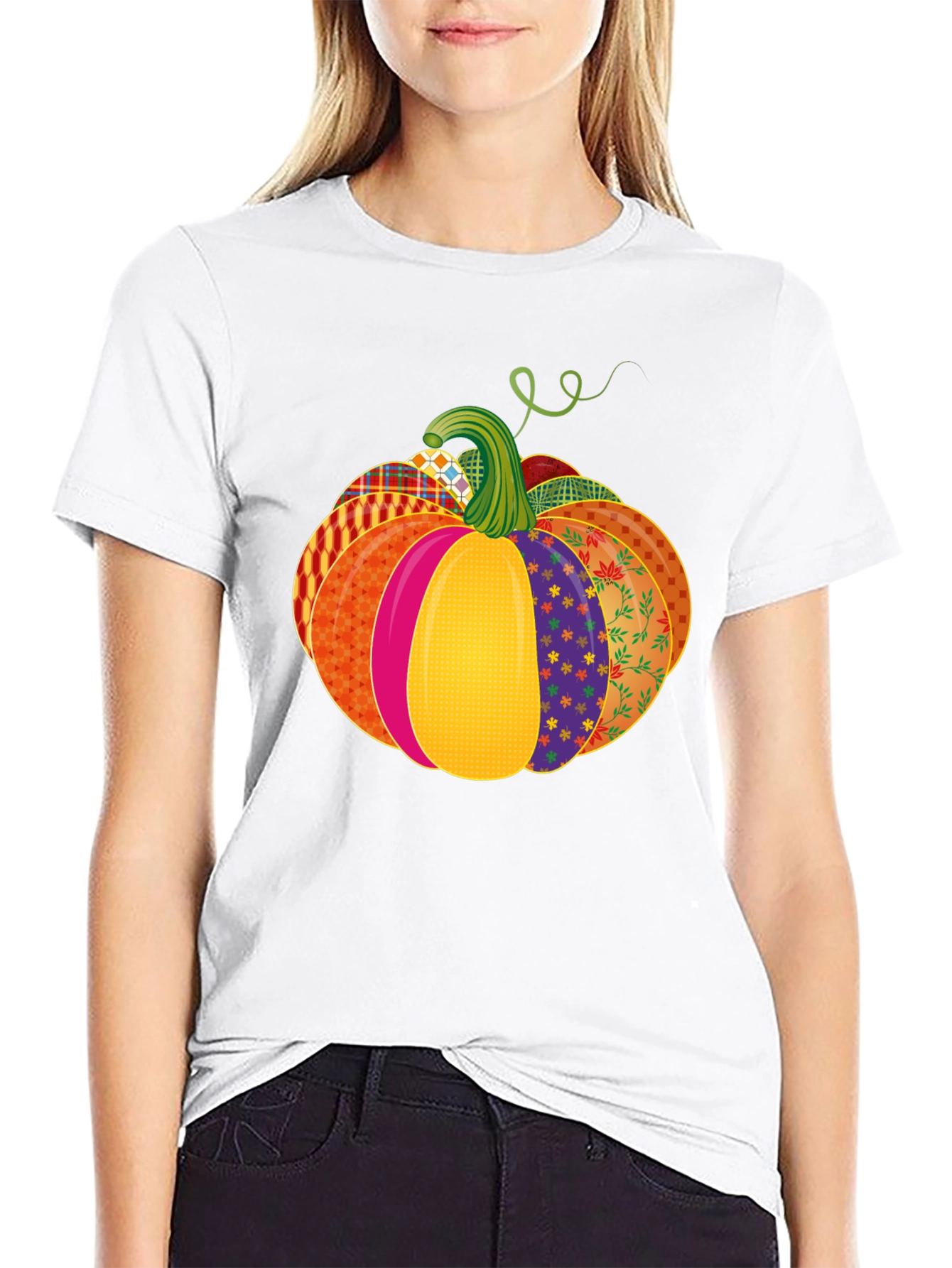 Black Festive Patchwork Pumpkin T-Shirt - Autumn Style view 9