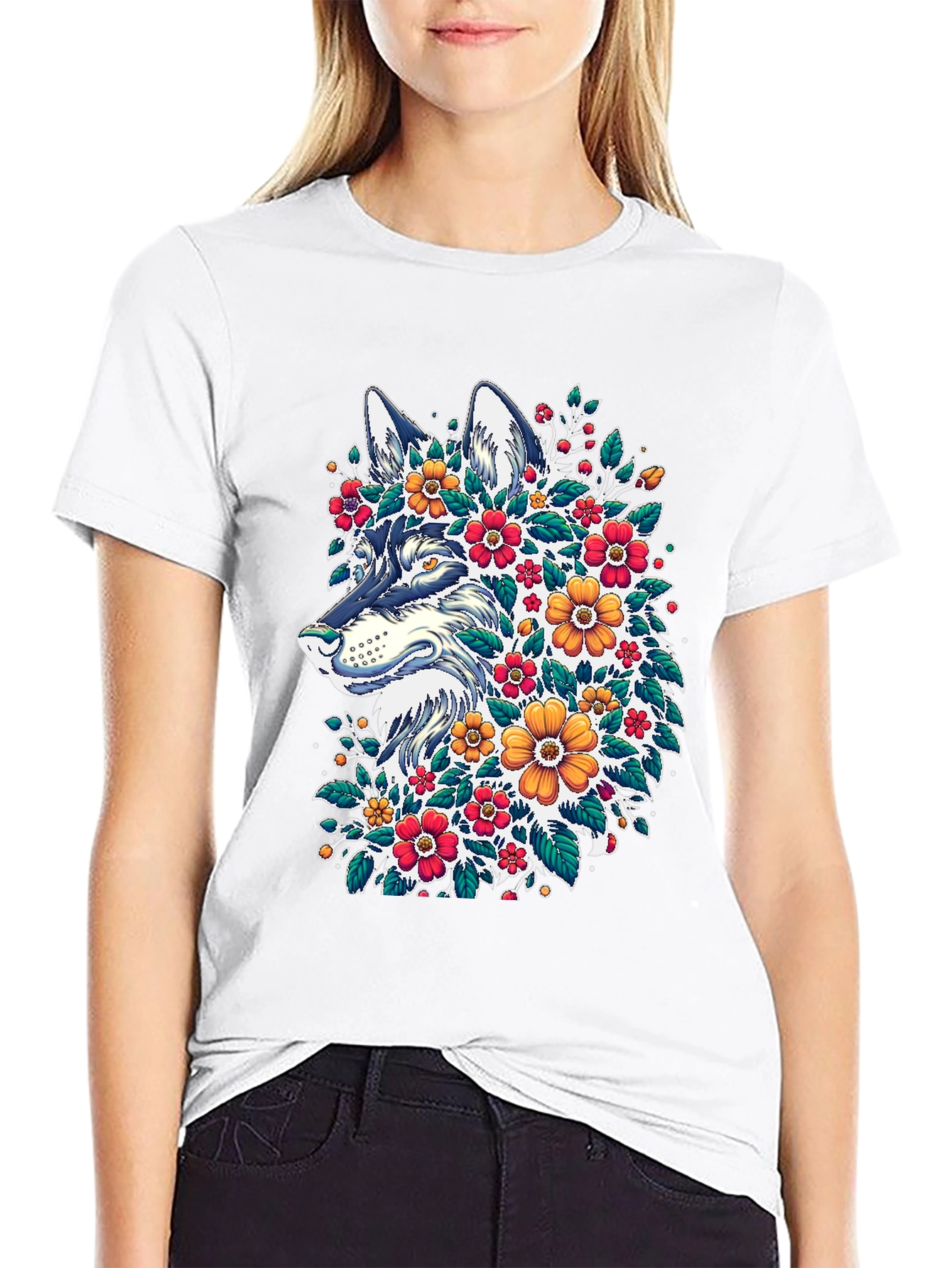 Black Floral Wolf T-Shirt - Artistic Graphic Tee view 9