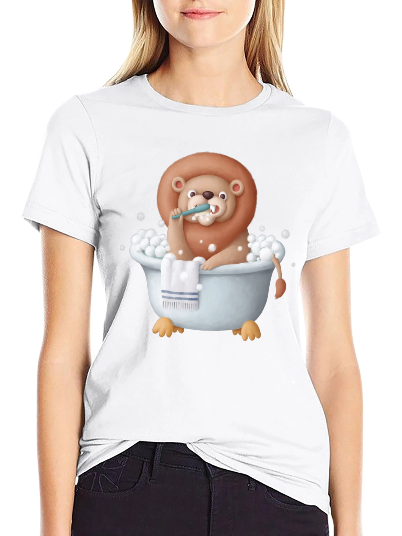 Black Funny Lion in Bathtub Graphic T-Shirt view 9
